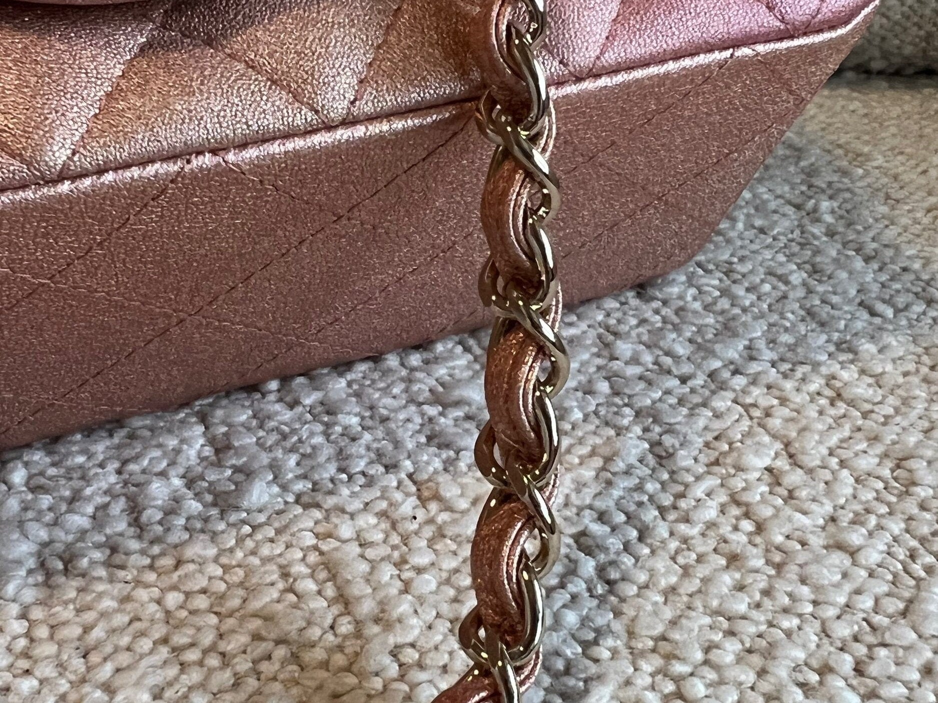 CHANEL Handbag 21S Chanel Metallic Rose Gold Calfskin Quilted Mini Rectangular Single Flap LGHW - Redeluxe