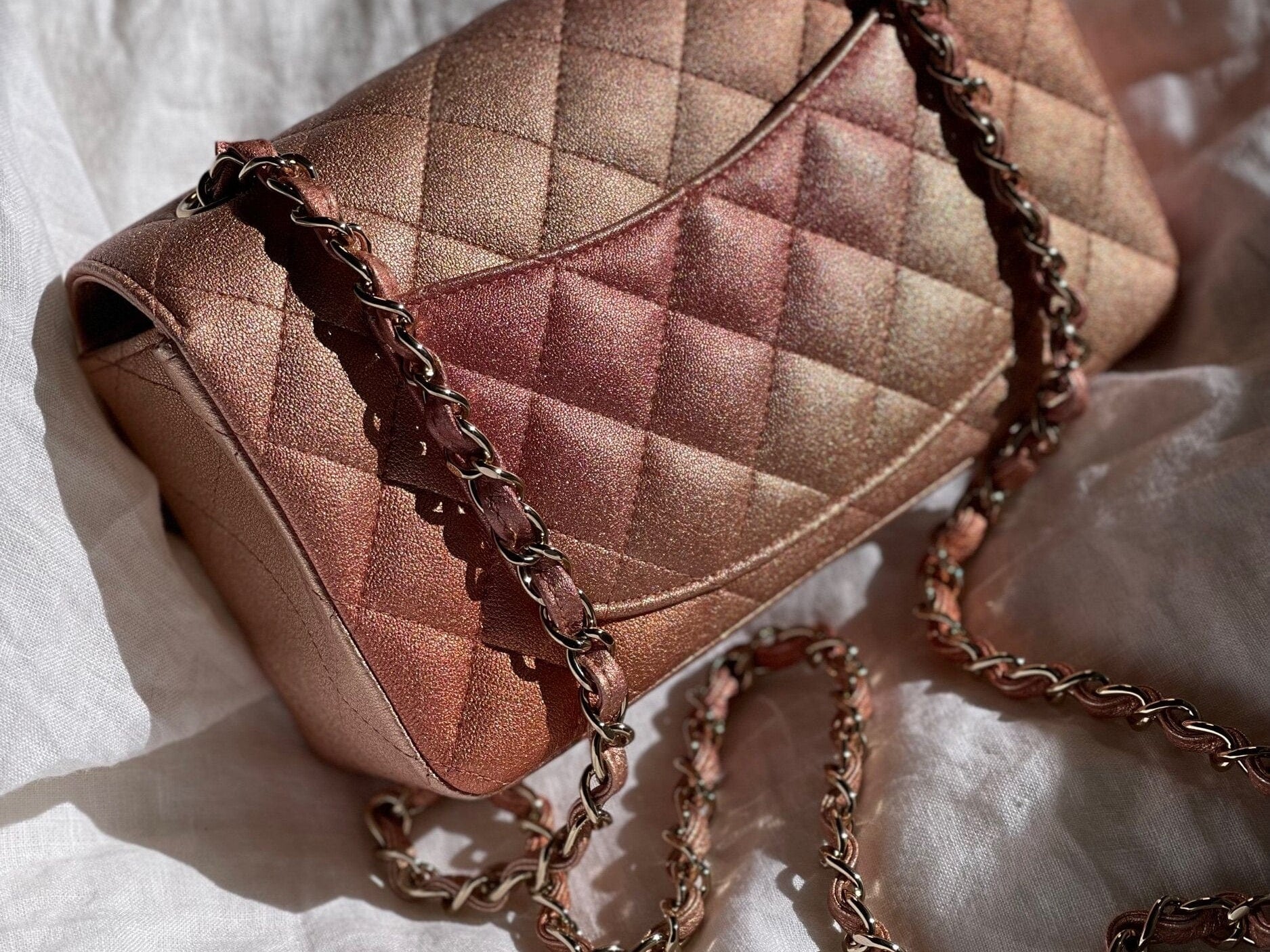 CHANEL Handbag 21S Chanel Metallic Rose Gold Calfskin Quilted Mini Rectangular Single Flap LGHW - Redeluxe