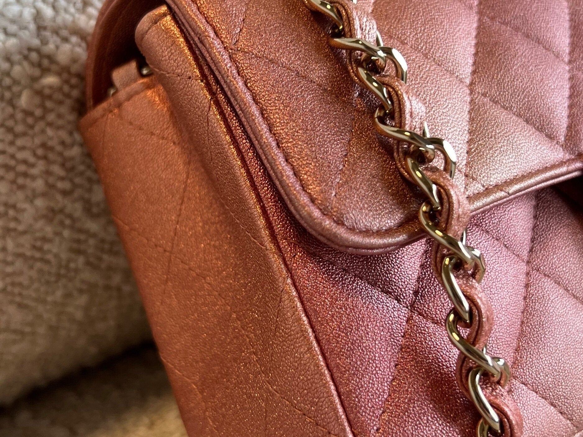 CHANEL Handbag 21S Chanel Metallic Rose Gold Calfskin Quilted Mini Rectangular Single Flap LGHW - Redeluxe