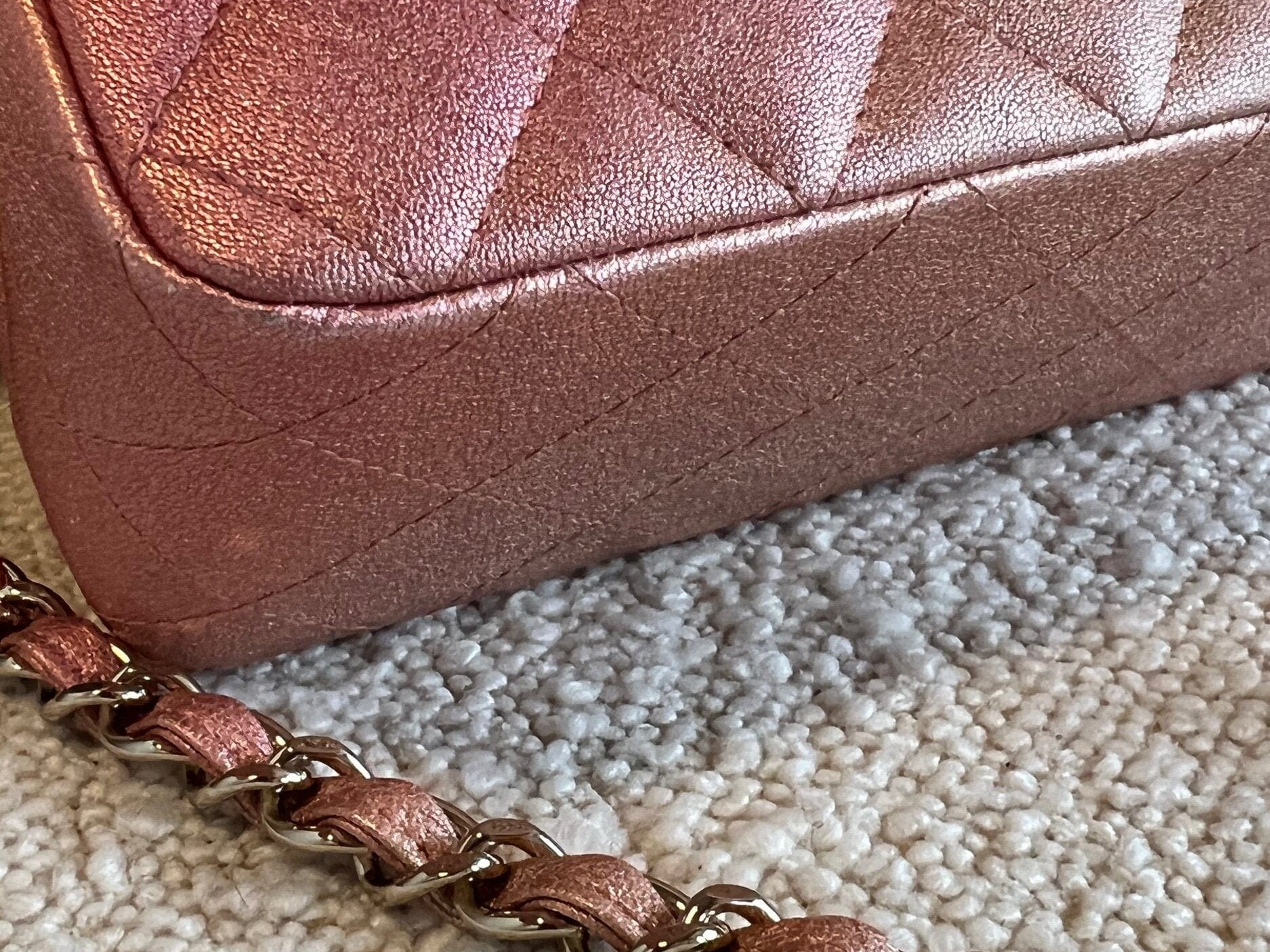 CHANEL Handbag 21S Chanel Metallic Rose Gold Calfskin Quilted Mini Rectangular Single Flap LGHW - Redeluxe