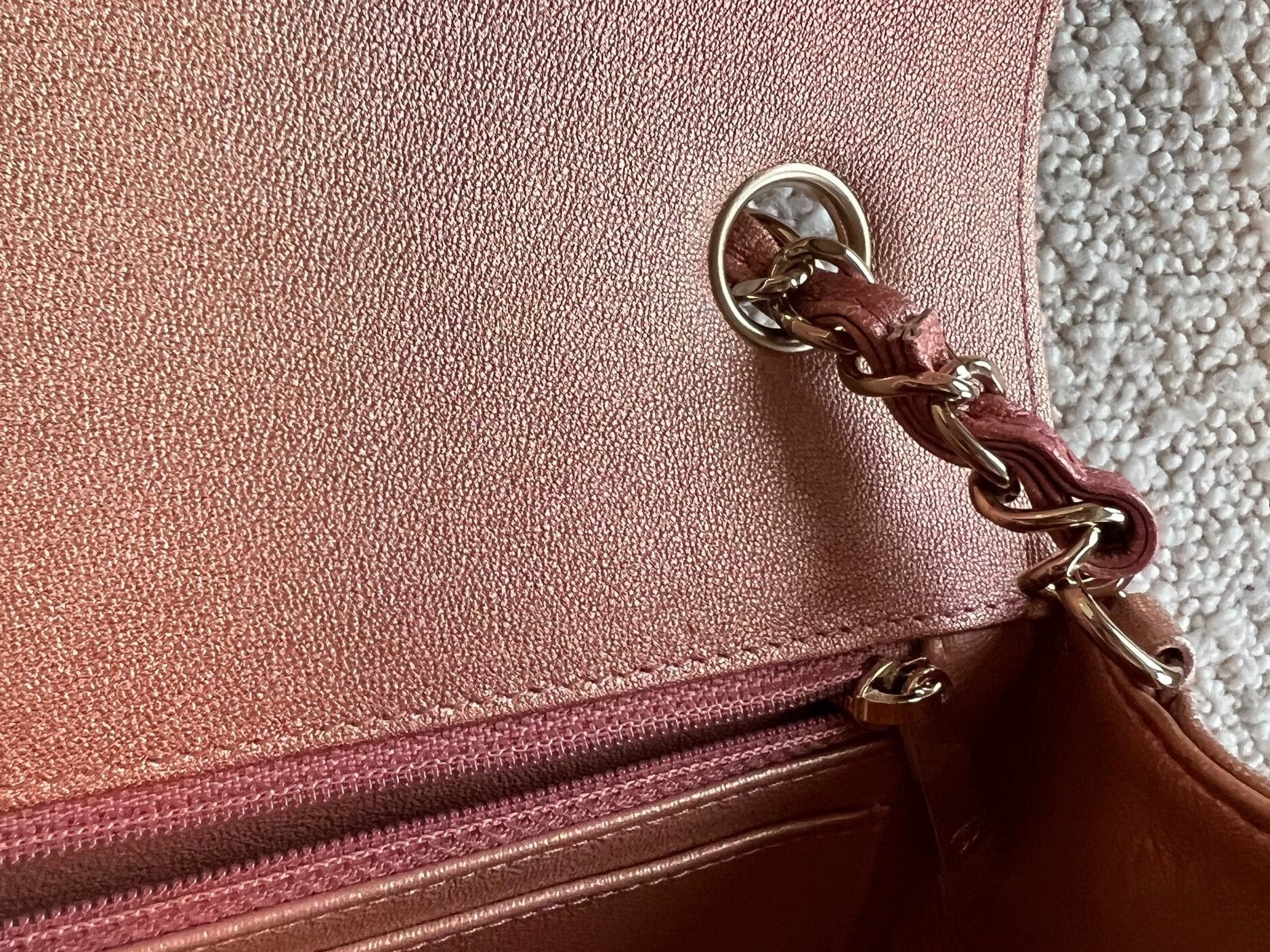 CHANEL Handbag 21S Chanel Metallic Rose Gold Calfskin Quilted Mini Rectangular Single Flap LGHW - Redeluxe