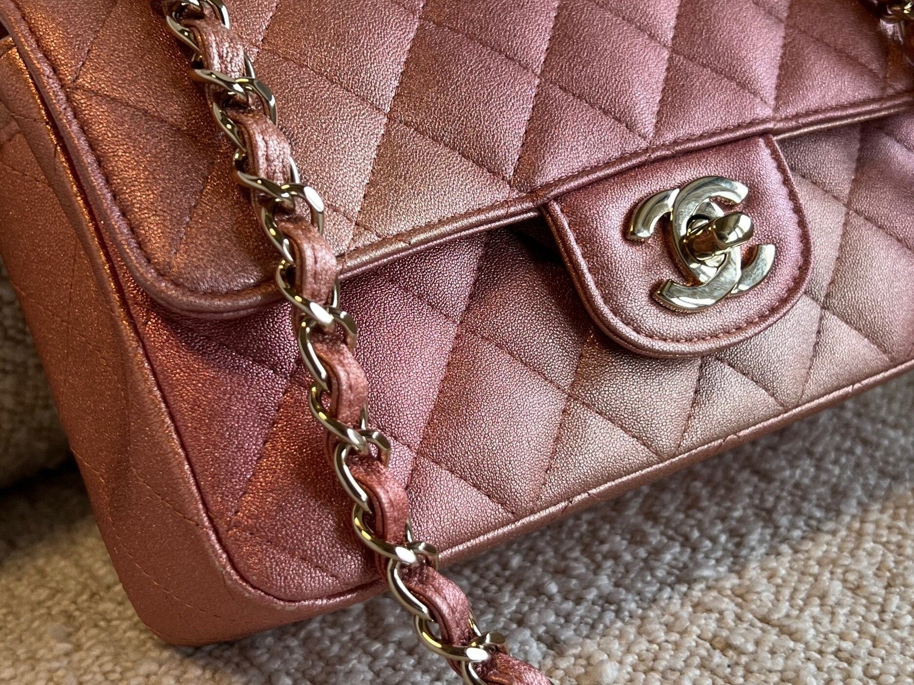 CHANEL Handbag 21S Chanel Metallic Rose Gold Calfskin Quilted Mini Rectangular Single Flap LGHW - Redeluxe