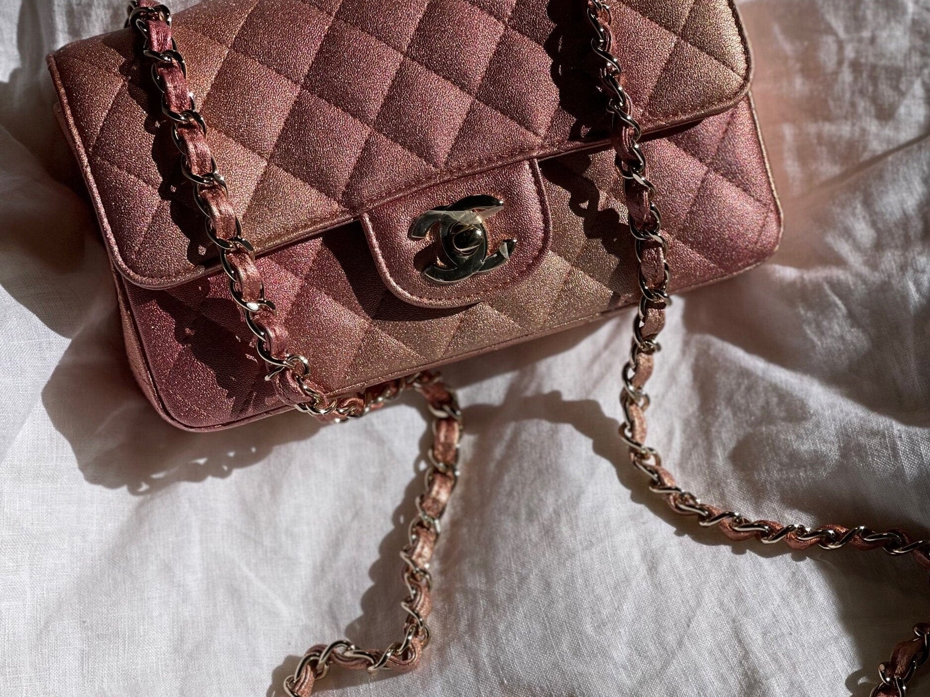 CHANEL Handbag 21S Chanel Metallic Rose Gold Calfskin Quilted Mini Rectangular Single Flap LGHW - Redeluxe