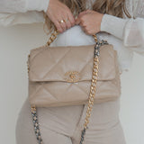 CHANEL Handbag 21S Large Beige/Gold Lambskin Quilted 19 Flap Mixed Hardware - Redeluxe