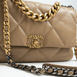 CHANEL Handbag 21S Large Beige/Gold Lambskin Quilted 19 Flap Mixed Hardware - Redeluxe