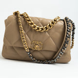 CHANEL Handbag 21S Large Beige/Gold Lambskin Quilted 19 Flap Mixed Hardware - Redeluxe