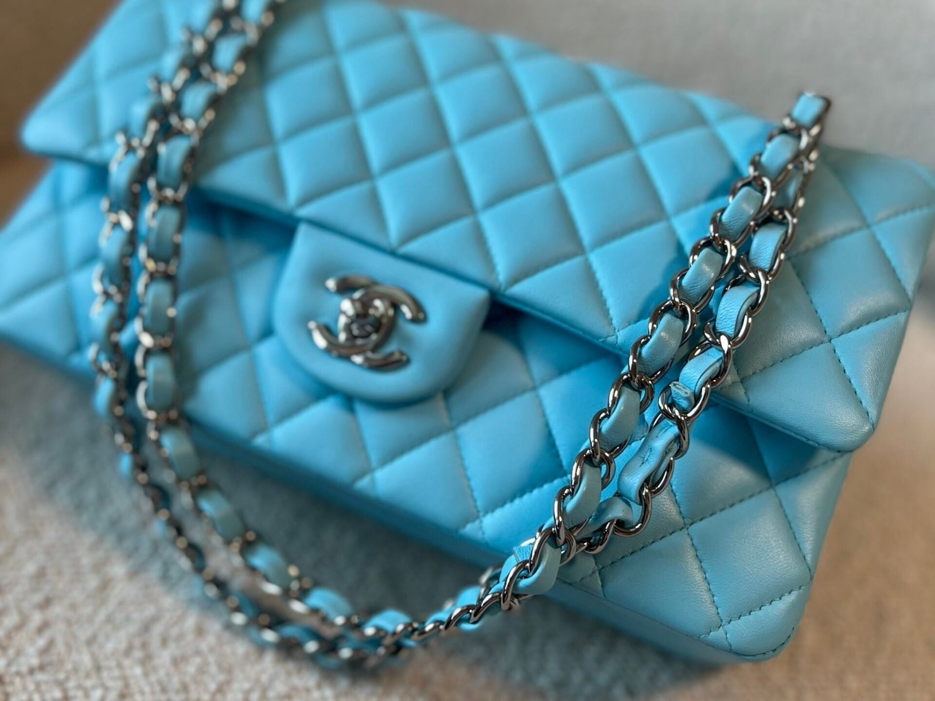 CHANEL Handbag 21S Neon Blue Lambskin Quilted Classic Flap Medium SHW - Redeluxe