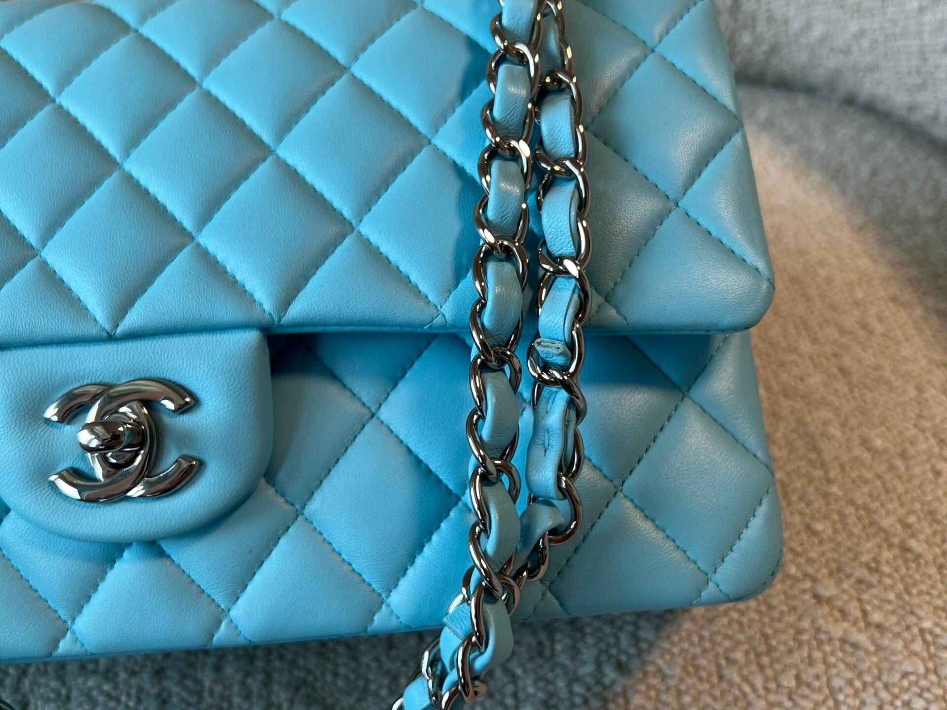 CHANEL Handbag 21S Neon Blue Lambskin Quilted Classic Flap Medium SHW - Redeluxe
