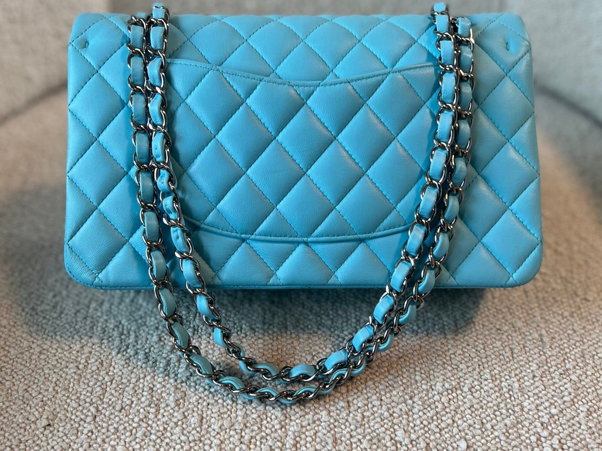 CHANEL Handbag 21S Neon Blue Lambskin Quilted Classic Flap Medium SHW - Redeluxe