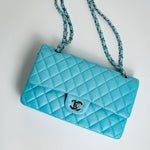 CHANEL Handbag 21S Neon Blue Lambskin Quilted Classic Flap Medium SHW - Redeluxe