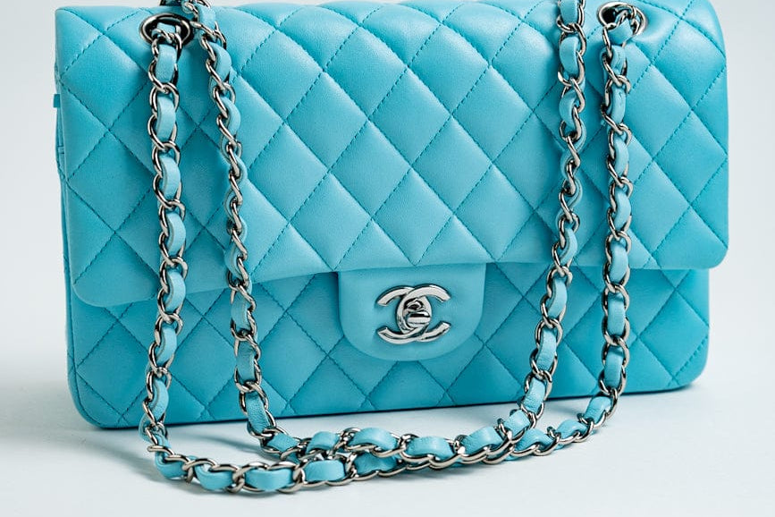 CHANEL Handbag 21S Neon Blue Lambskin Quilted Classic Flap Medium SHW - Redeluxe