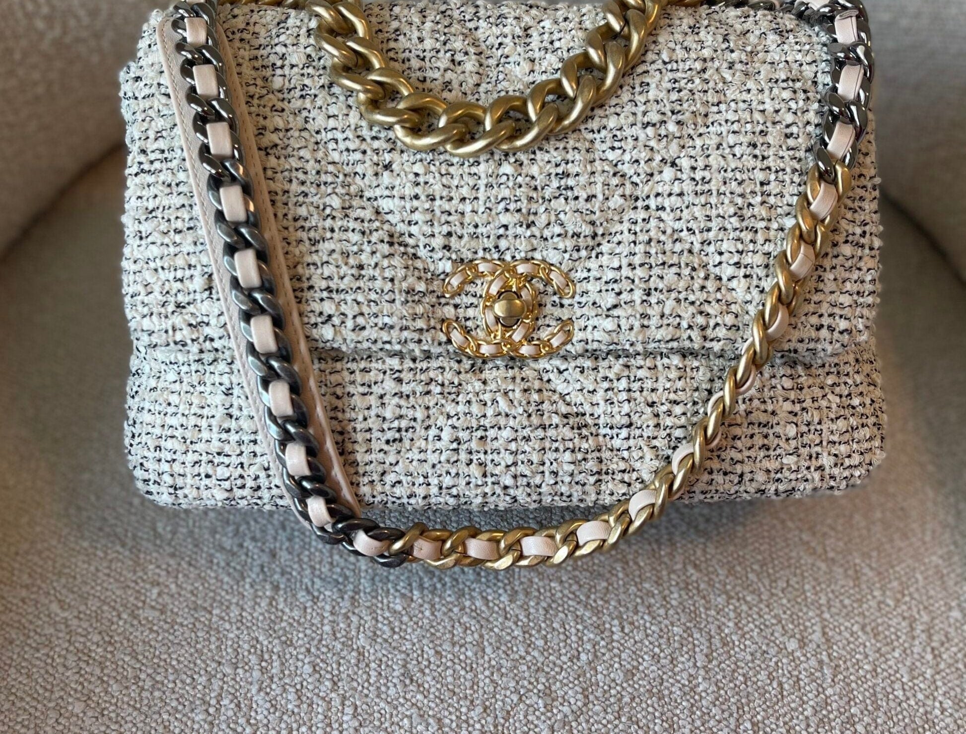 CHANEL Handbag 21S Oreo Tweed Quilted 19 Flap Large  Mixed Hardware - Redeluxe