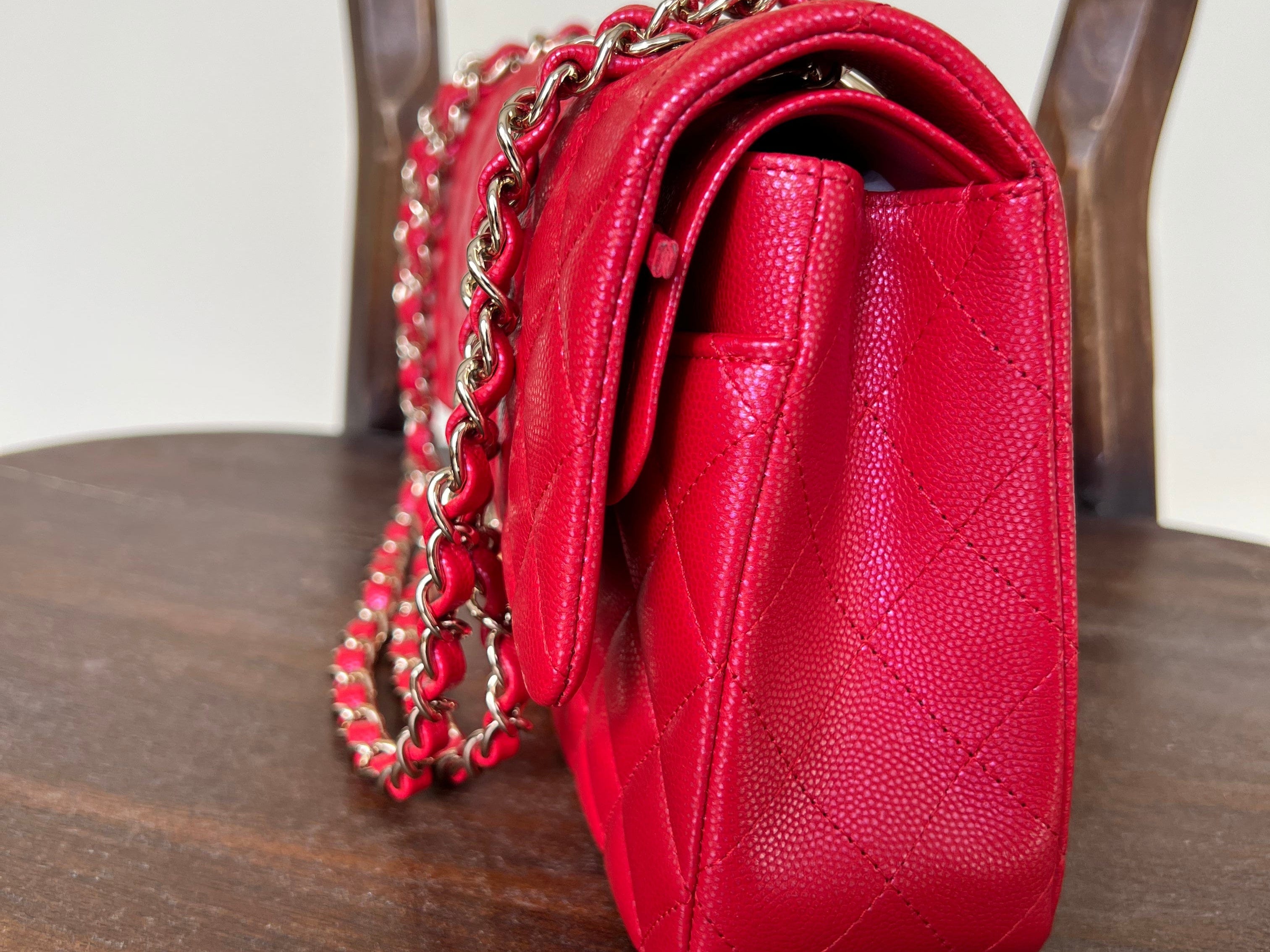 Chanel Handbag 21S Red Iridescent Caviar Quilted Classic Flap Medium - Redeluxe
