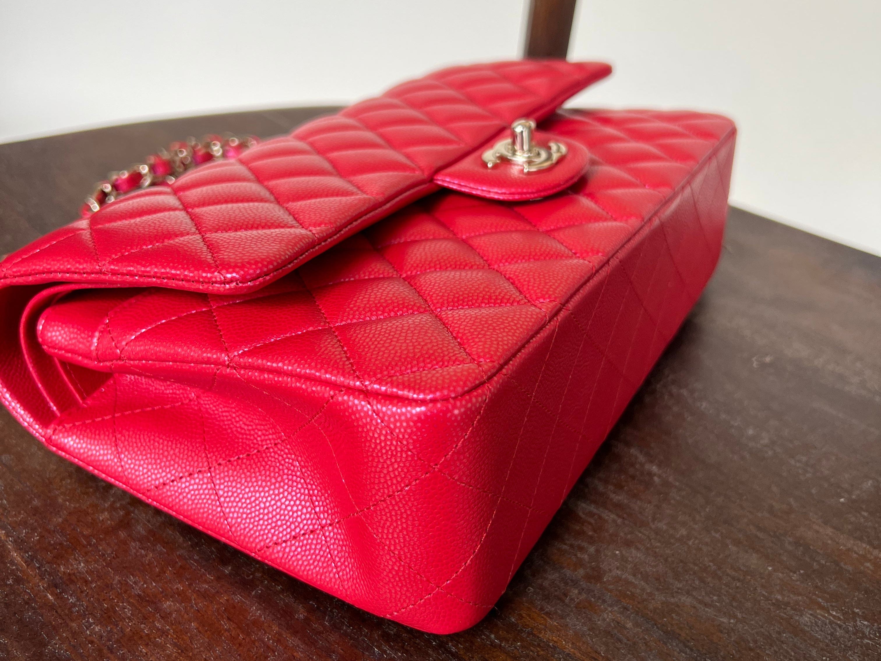 Chanel Handbag 21S Red Iridescent Caviar Quilted Classic Flap Medium - Redeluxe
