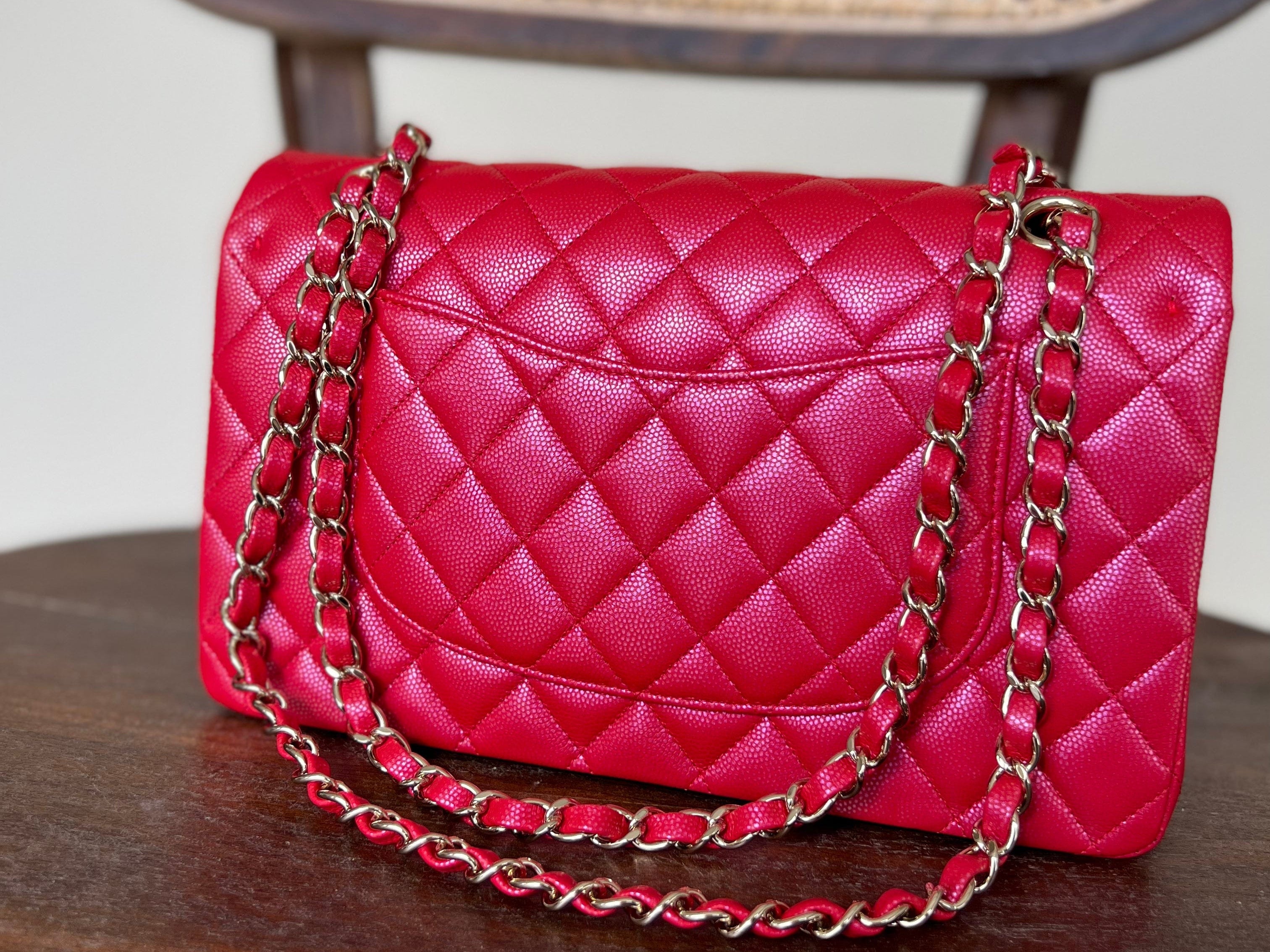 Chanel Handbag 21S Red Iridescent Caviar Quilted Classic Flap Medium - Redeluxe