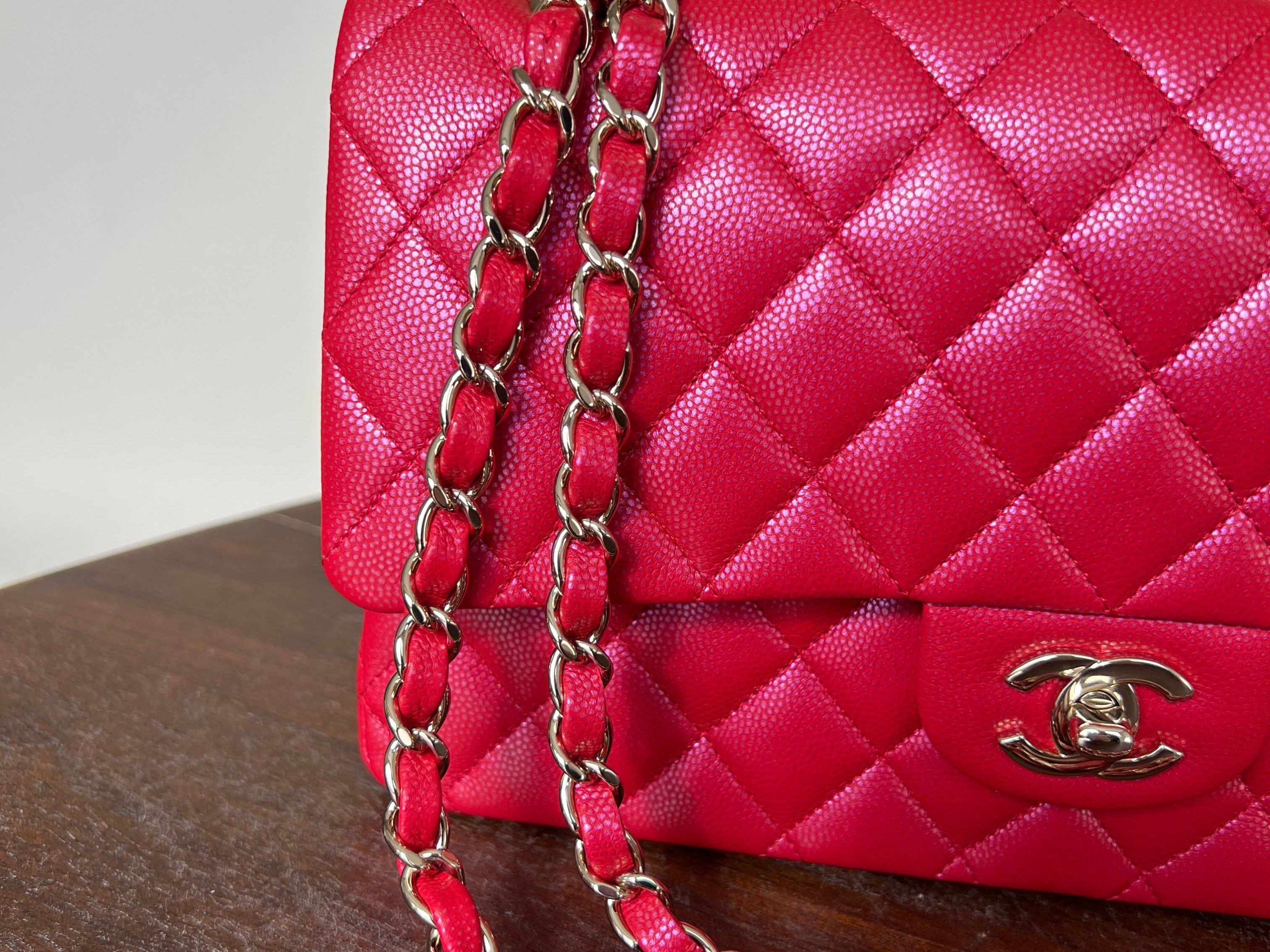 Chanel Handbag 21S Red Iridescent Caviar Quilted Classic Flap Medium - Redeluxe