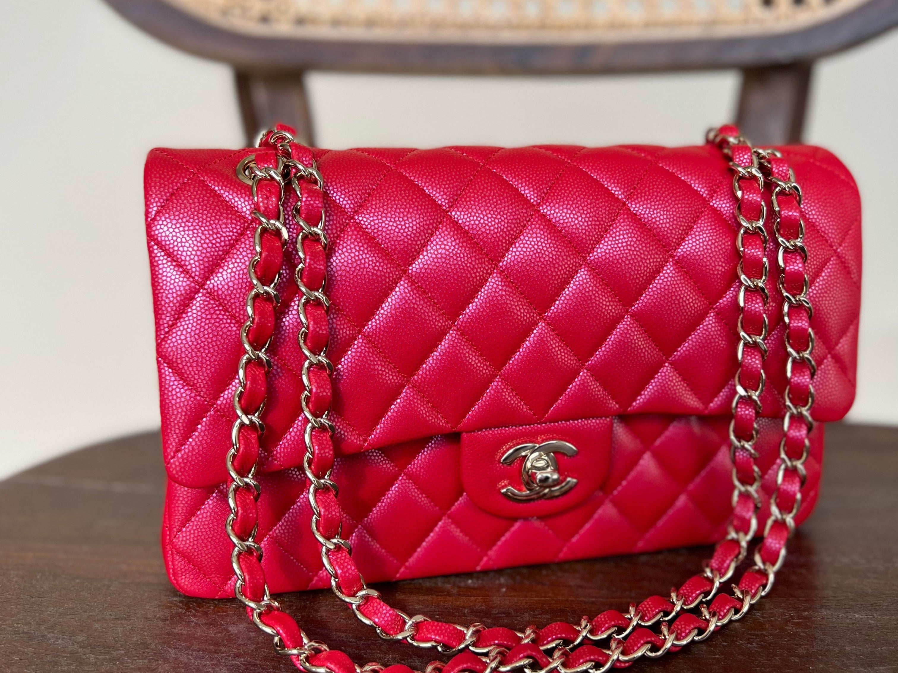 Chanel Handbag 21S Red Iridescent Caviar Quilted Classic Flap Medium - Redeluxe