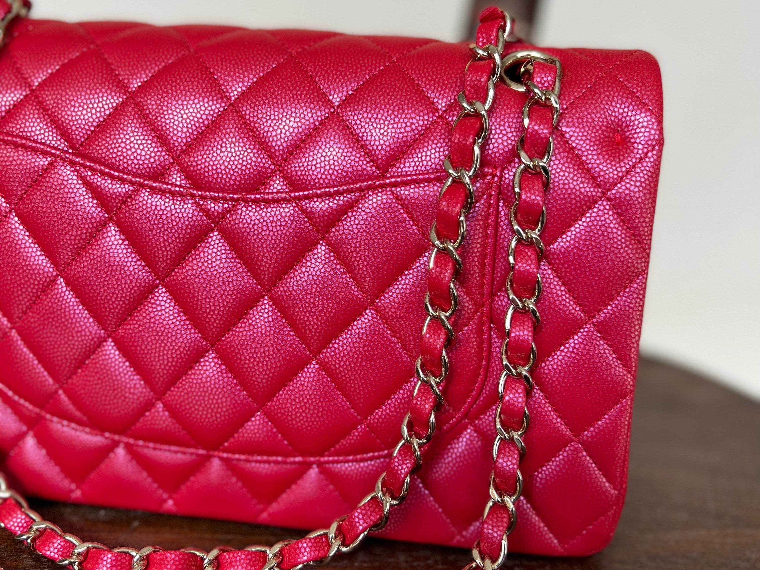 Chanel Handbag 21S Red Iridescent Caviar Quilted Classic Flap Medium - Redeluxe