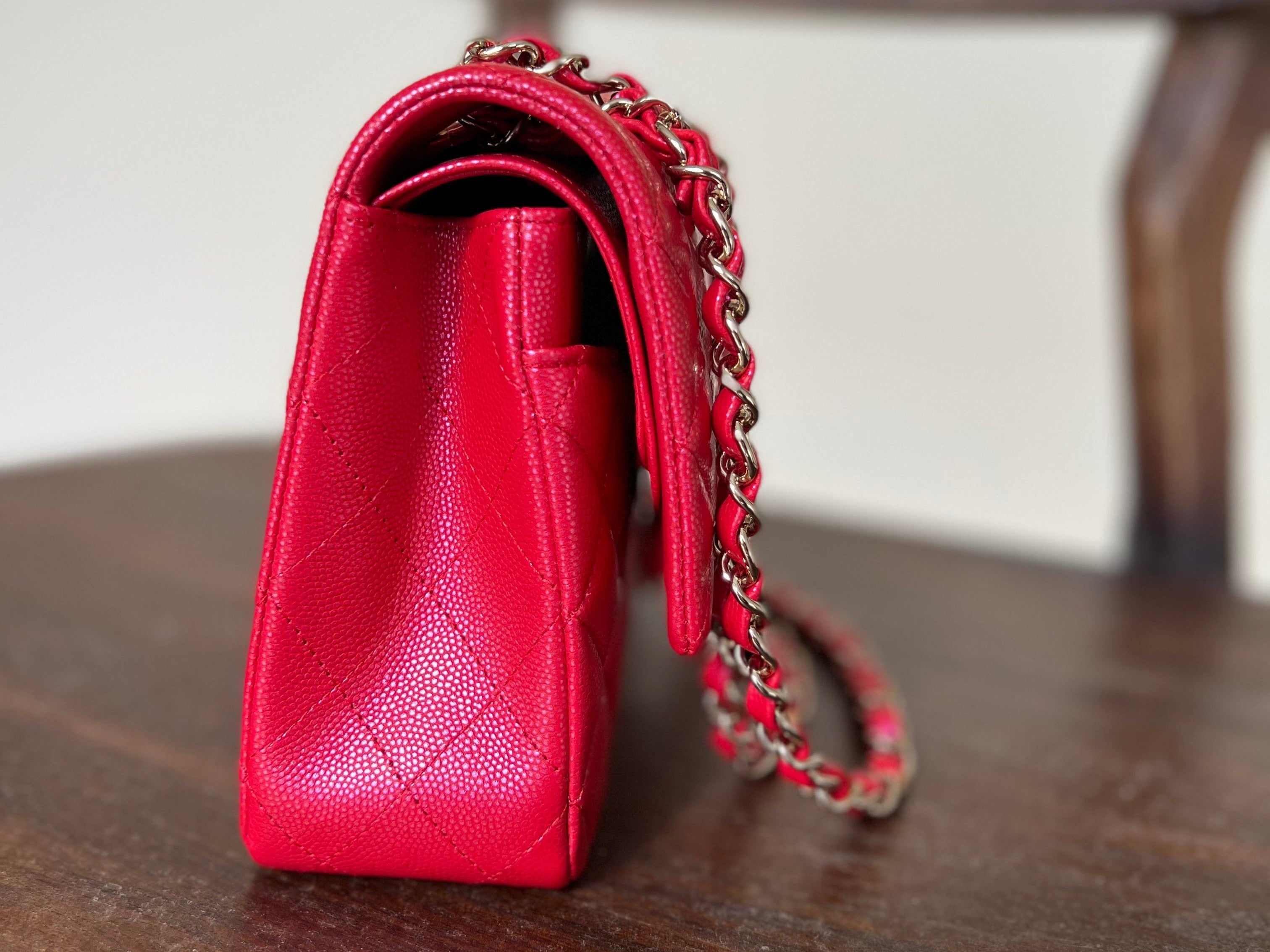 Chanel Handbag 21S Red Iridescent Caviar Quilted Classic Flap Medium - Redeluxe