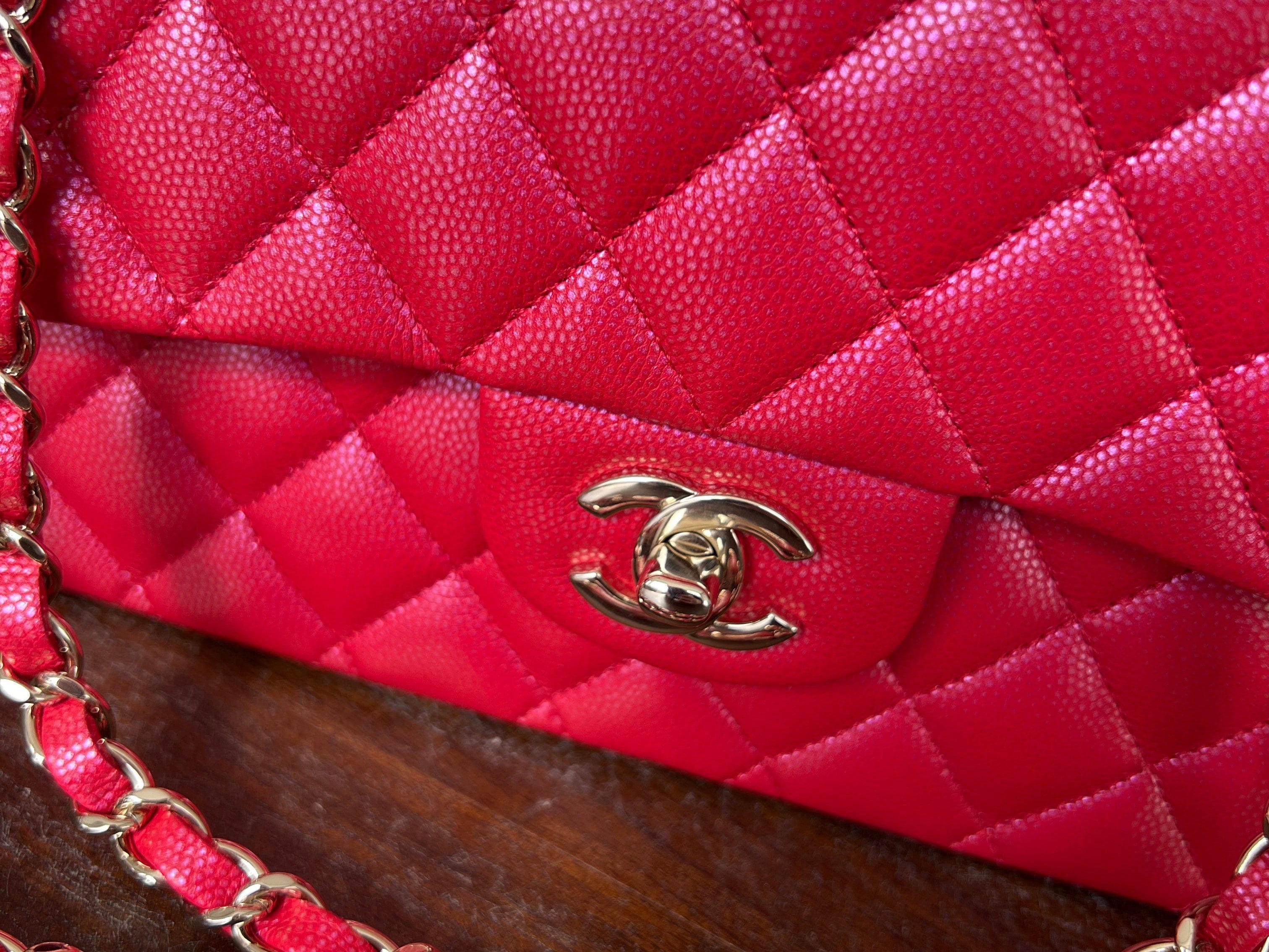 Chanel Handbag 21S Red Iridescent Caviar Quilted Classic Flap Medium - Redeluxe