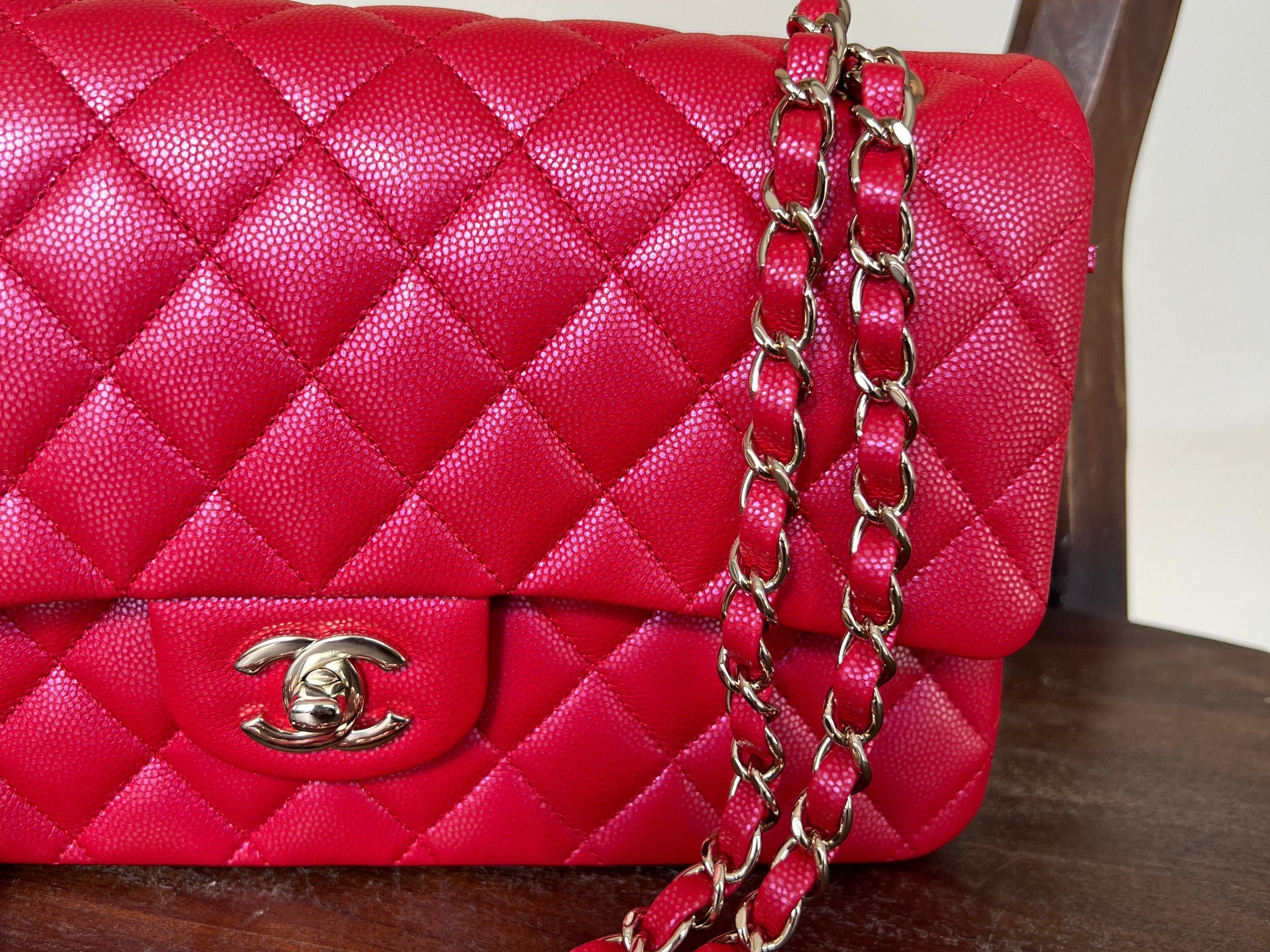 Chanel Handbag 21S Red Iridescent Caviar Quilted Classic Flap Medium - Redeluxe