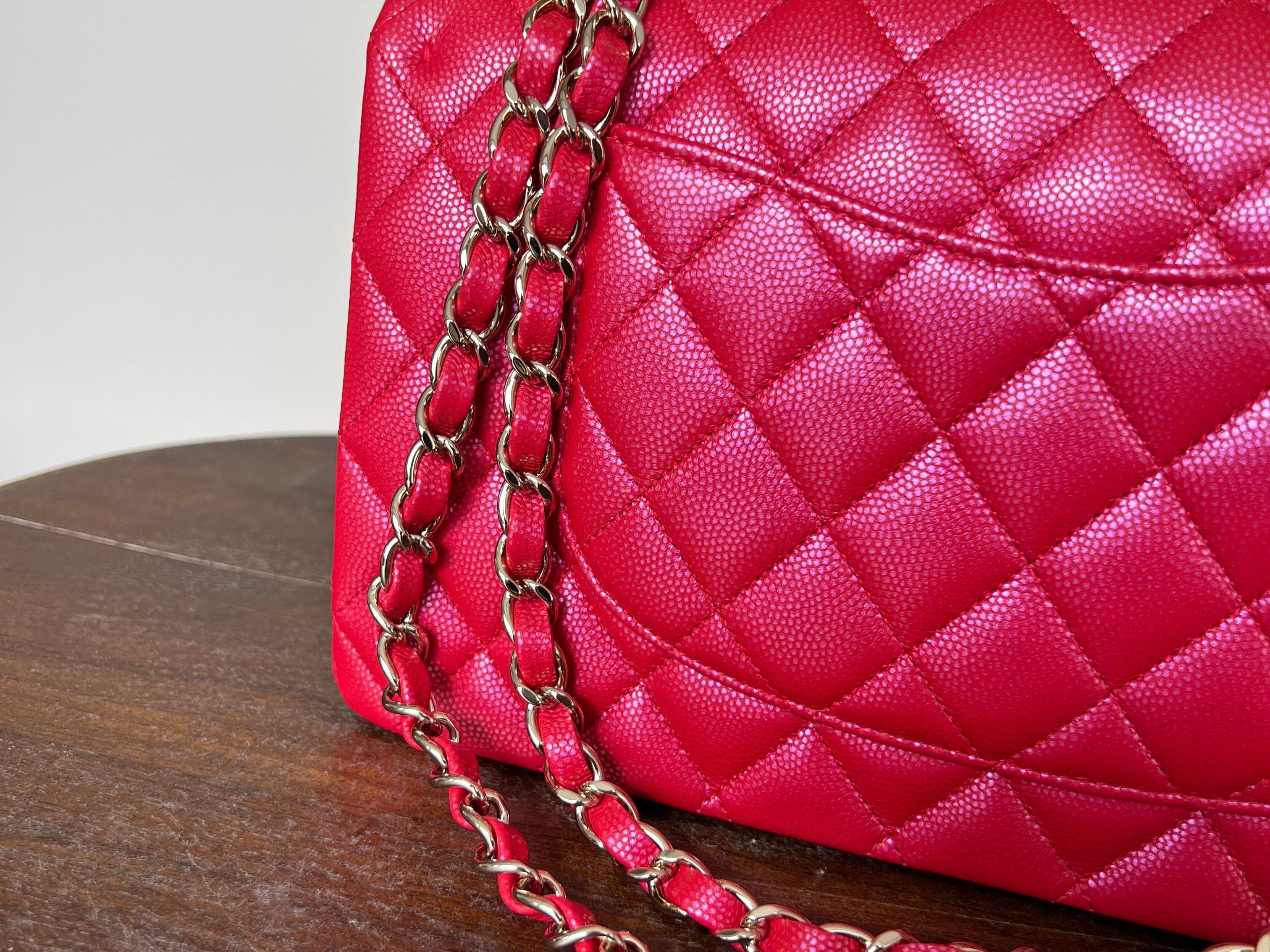 Chanel Handbag 21S Red Iridescent Caviar Quilted Classic Flap Medium - Redeluxe