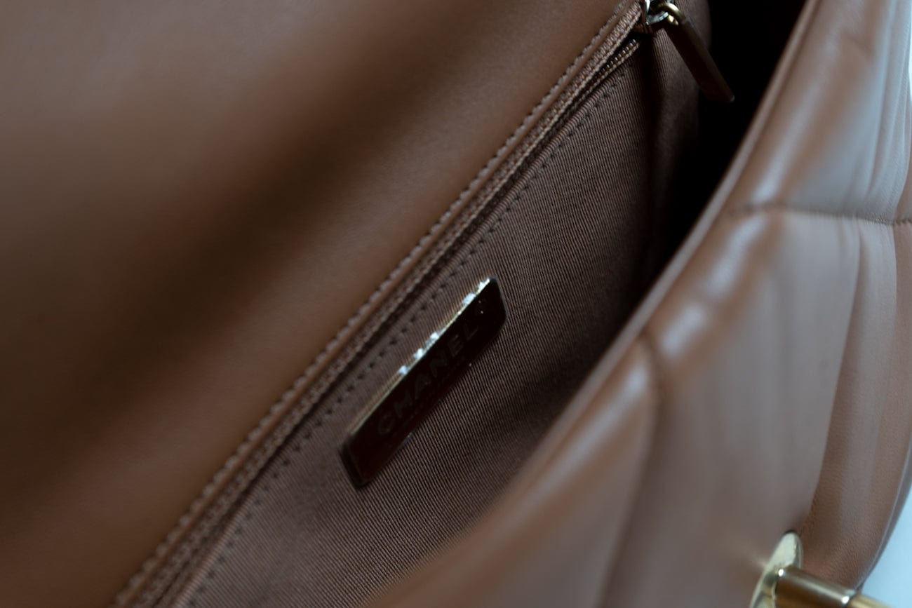 CHANEL Handbag 22A Caramel / Light Brown Lambskin Quilted 19 Flap Small MHW - Redeluxe