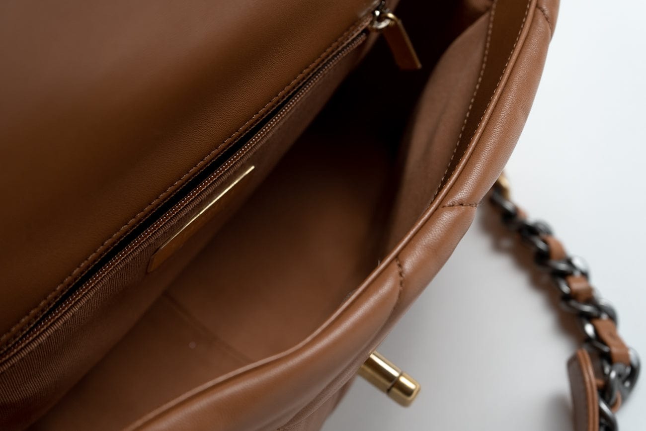 CHANEL Handbag 22A Caramel / Light Brown Lambskin Quilted 19 Flap Small MHW - Redeluxe