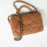 CHANEL Handbag 22A Caramel / Light Brown Lambskin Quilted 19 Flap Small MHW - Redeluxe
