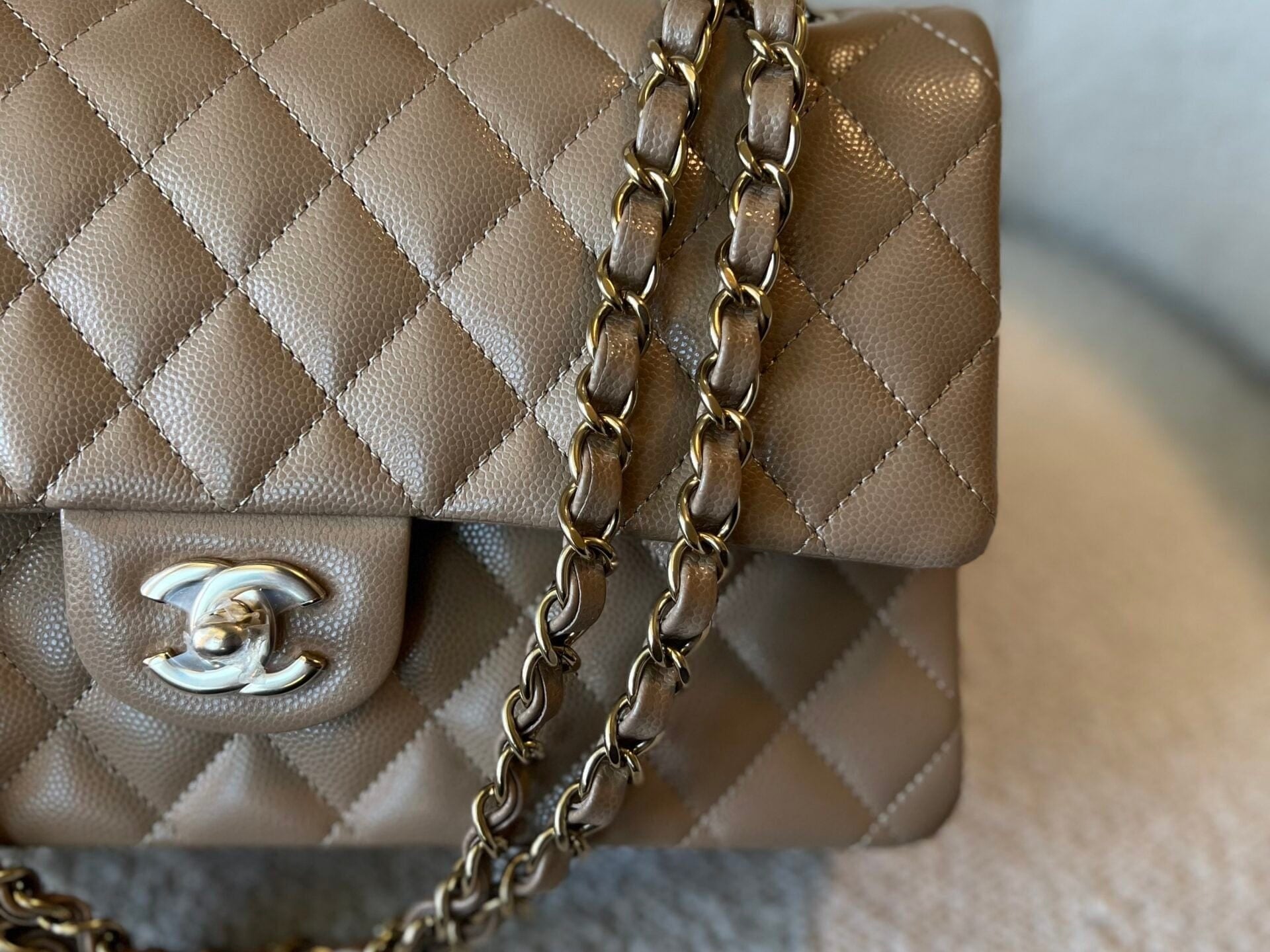 CHANEL Handbag 22A Dark Beige Caviar Quilted Classic Flap Medium LGHW - Redeluxe