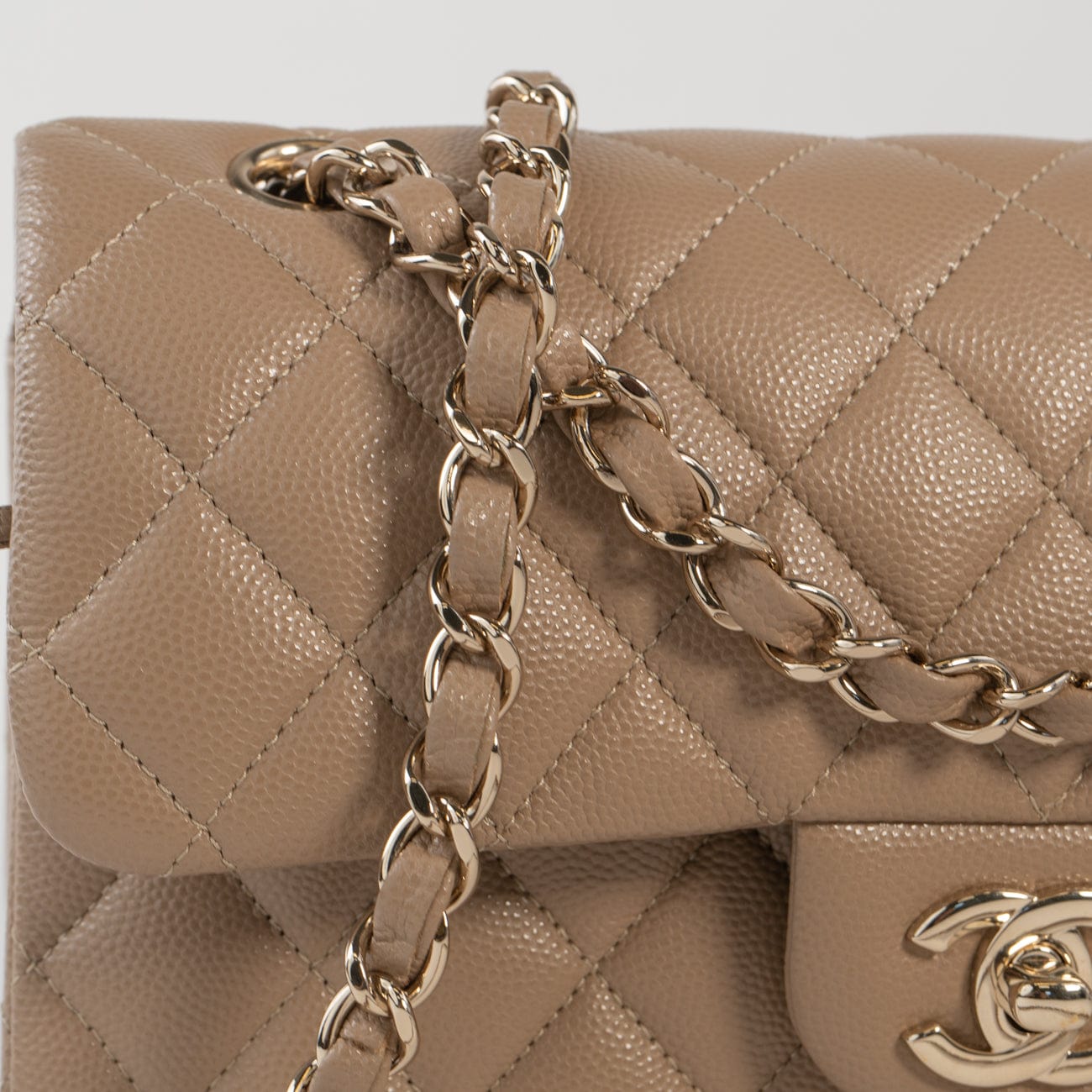 CHANEL Handbag 22A Dark Beige Caviar Quilted Classic Flap Small with Light Gold Hardware - Redeluxe