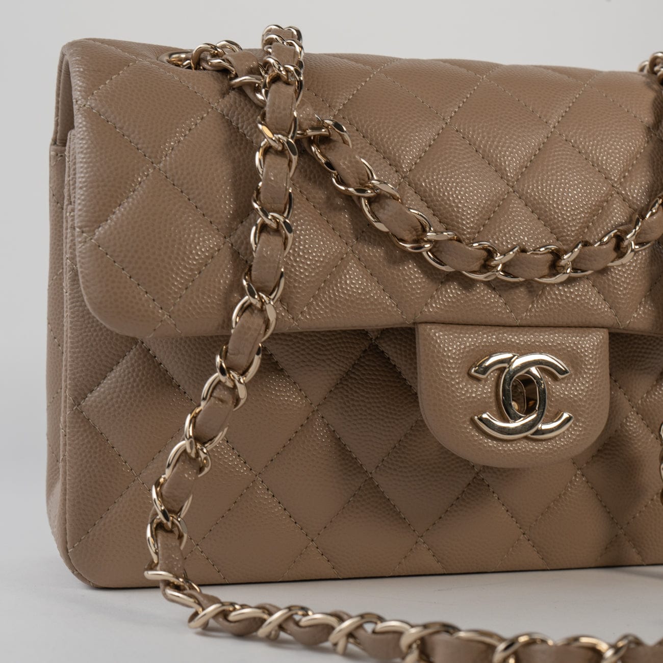 CHANEL Handbag 22A Dark Beige Caviar Quilted Classic Flap Small with Light Gold Hardware - Redeluxe
