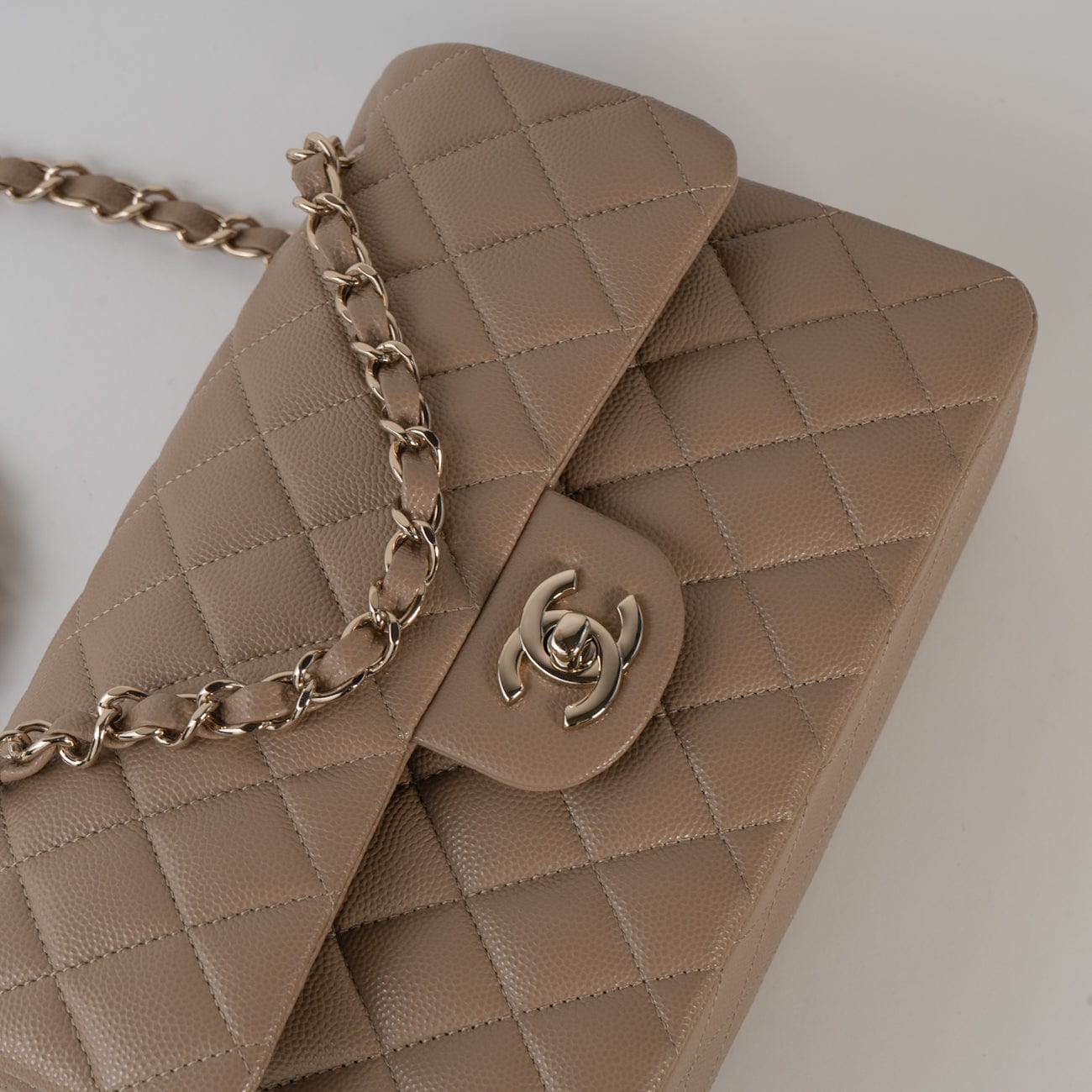 CHANEL Handbag 22A Dark Beige Caviar Quilted Classic Flap Small with Light Gold Hardware - Redeluxe