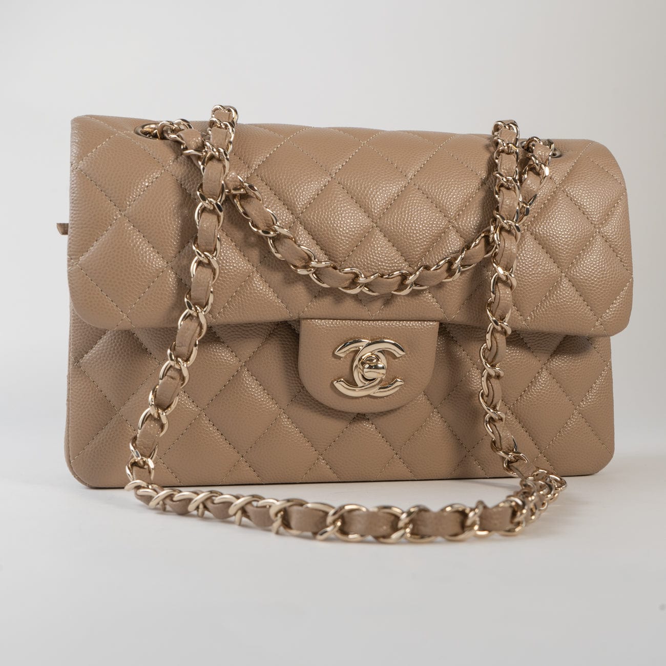CHANEL Handbag 22A Dark Beige Caviar Quilted Classic Flap Small with Light Gold Hardware - Redeluxe