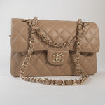 CHANEL Handbag 22A Dark Beige Caviar Quilted Classic Flap Small with Light Gold Hardware - Redeluxe