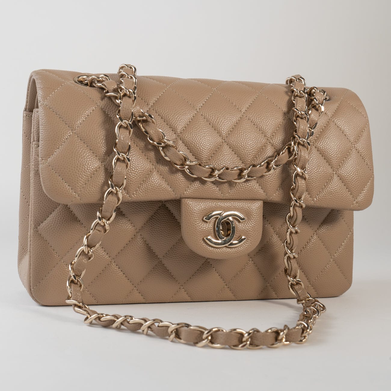 CHANEL Handbag 22A Dark Beige Caviar Quilted Classic Flap Small with Light Gold Hardware - Redeluxe
