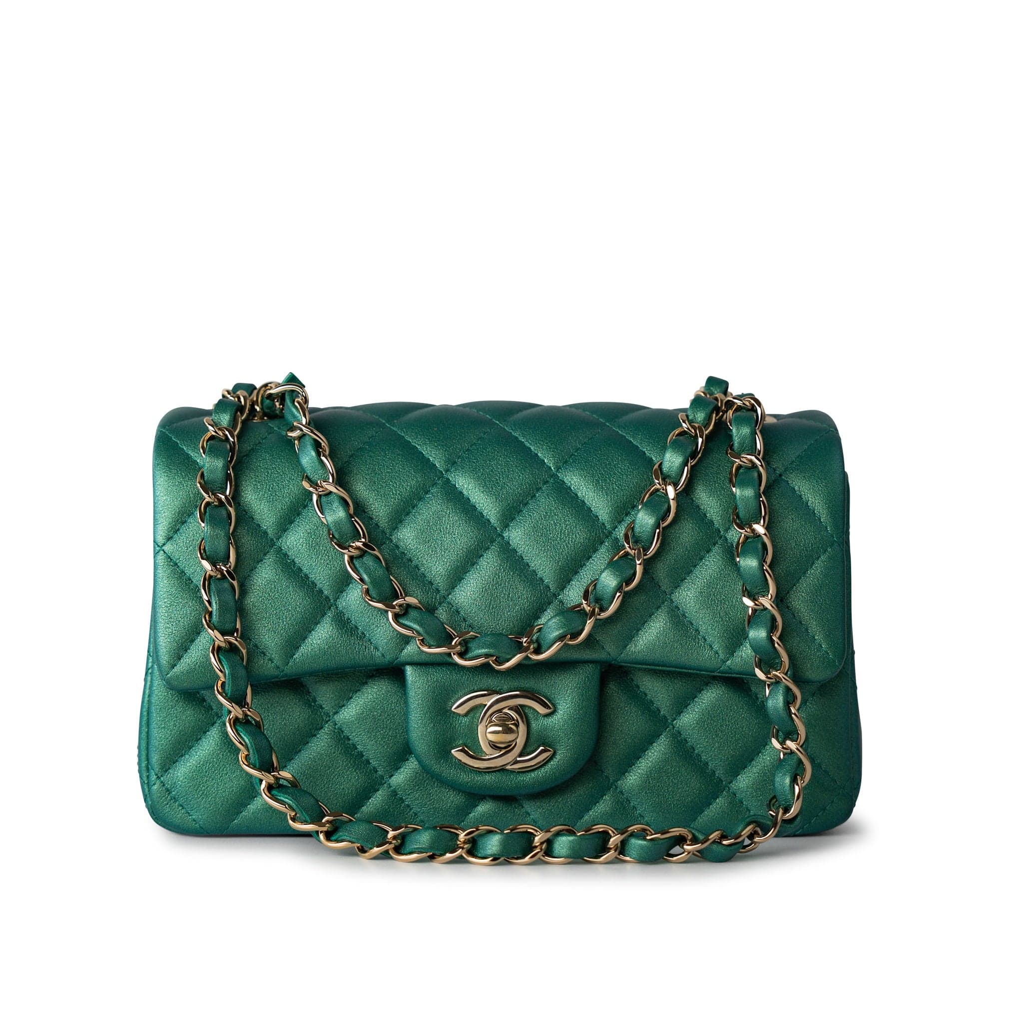 22A Iridescent Green Lambskin Quilted Mini Rectangular Single Flap