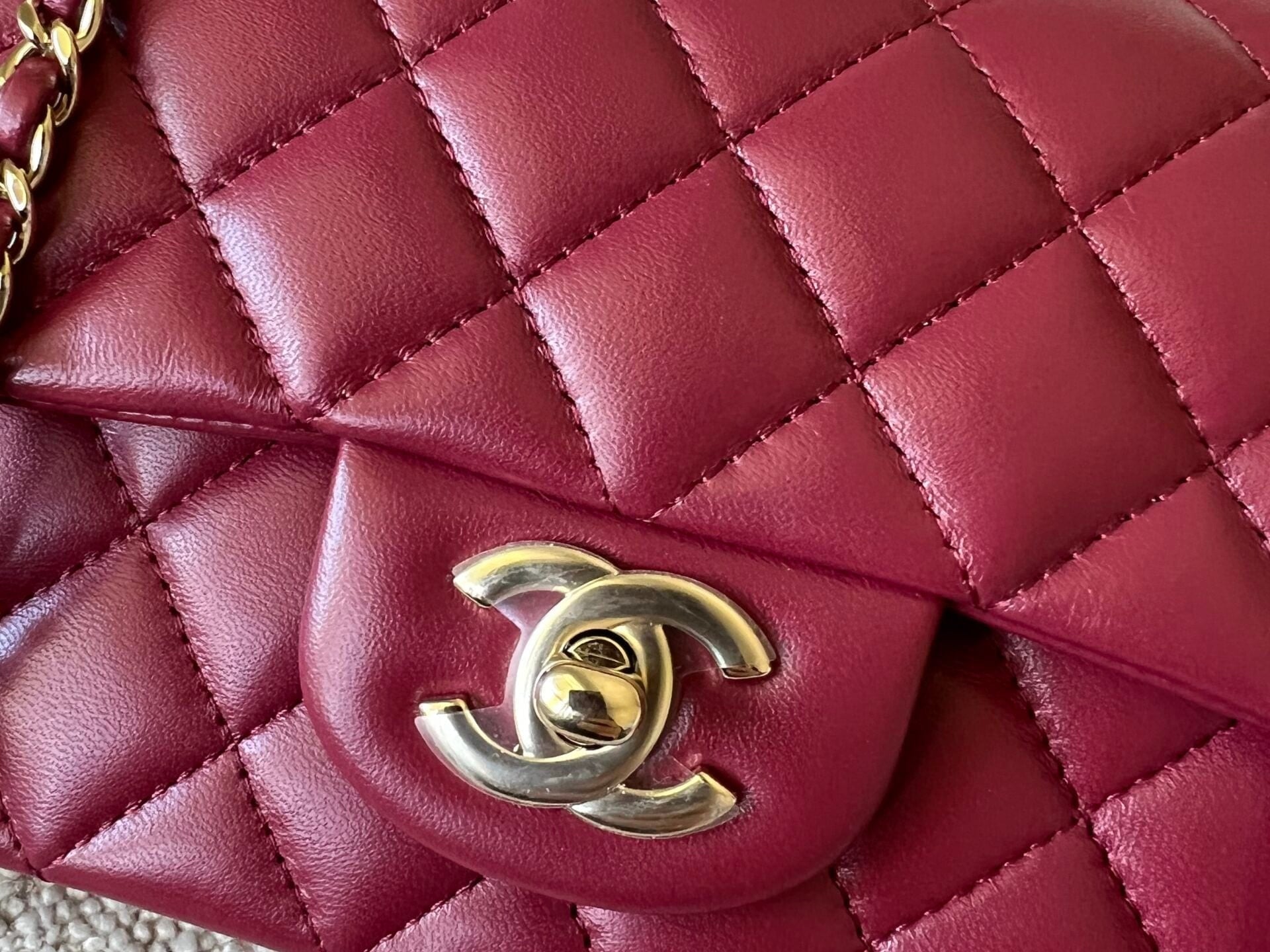 CHANEL Handbag 22A Mini Burgundy Lambskin Quilted Single Flap with Top handle Light Gold Hardware - Redeluxe
