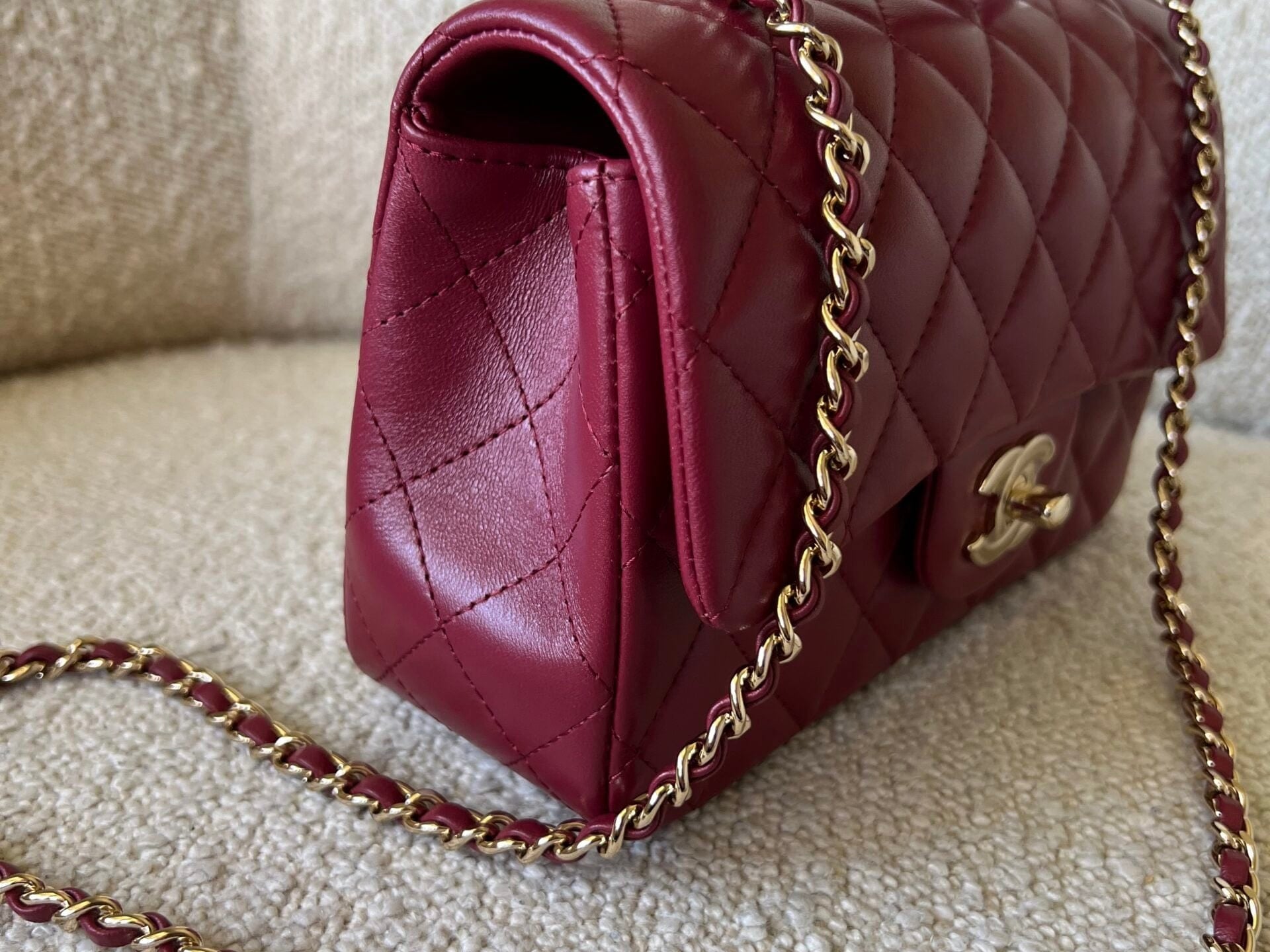 CHANEL Handbag 22A Mini Burgundy Lambskin Quilted Single Flap with Top handle Light Gold Hardware - Redeluxe