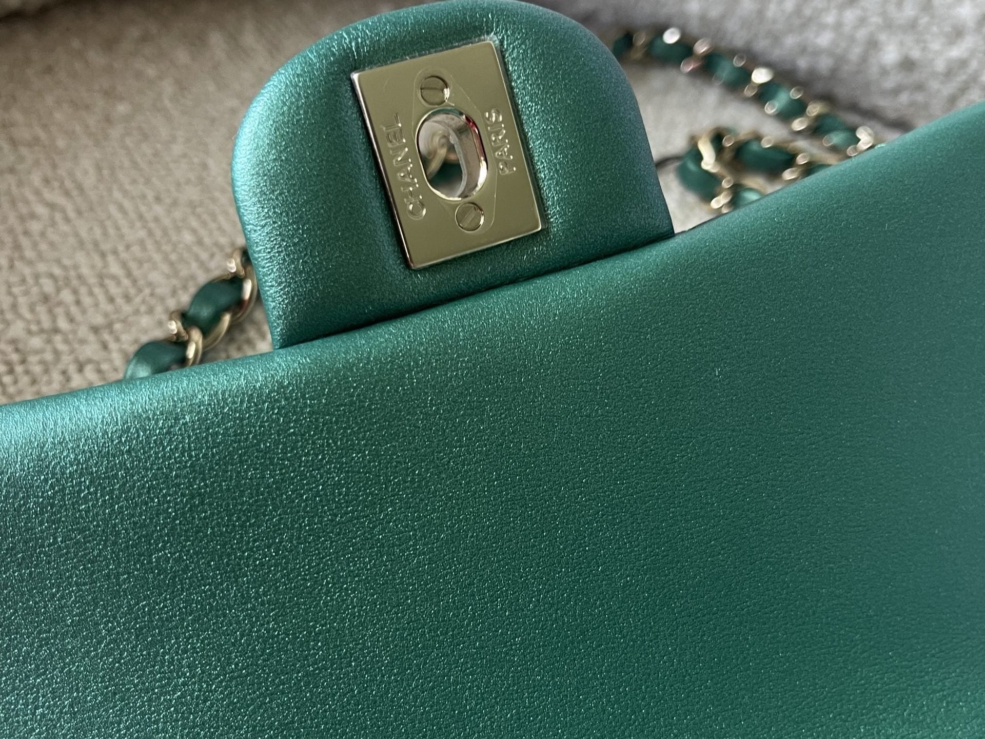 CHANEL Handbag 22A Mini Rectangular Iridescent Green Lambskin Quilted Single Flap LGHW - Redeluxe