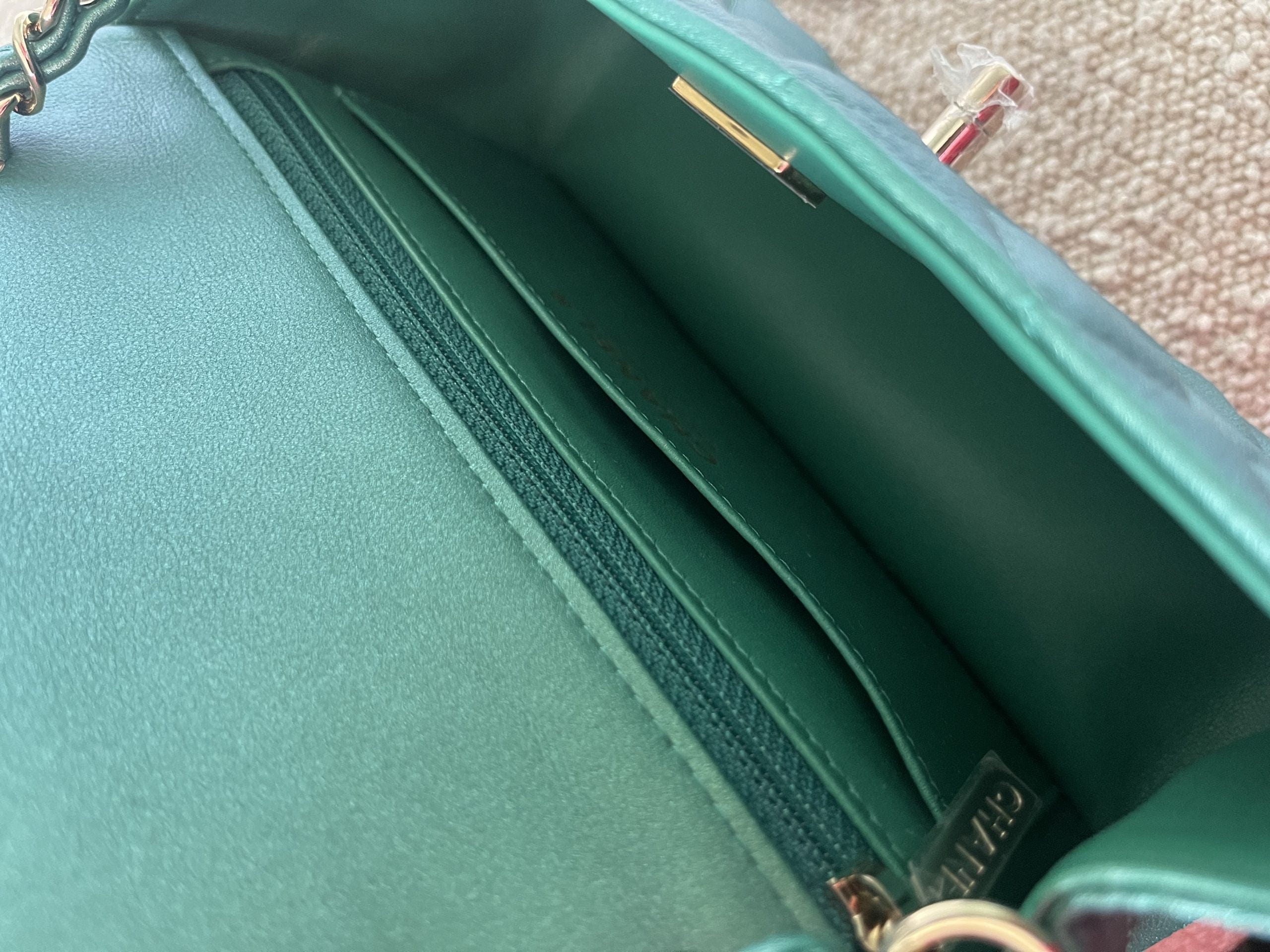 CHANEL Handbag 22A Mini Rectangular Iridescent Green Lambskin Quilted Single Flap LGHW - Redeluxe