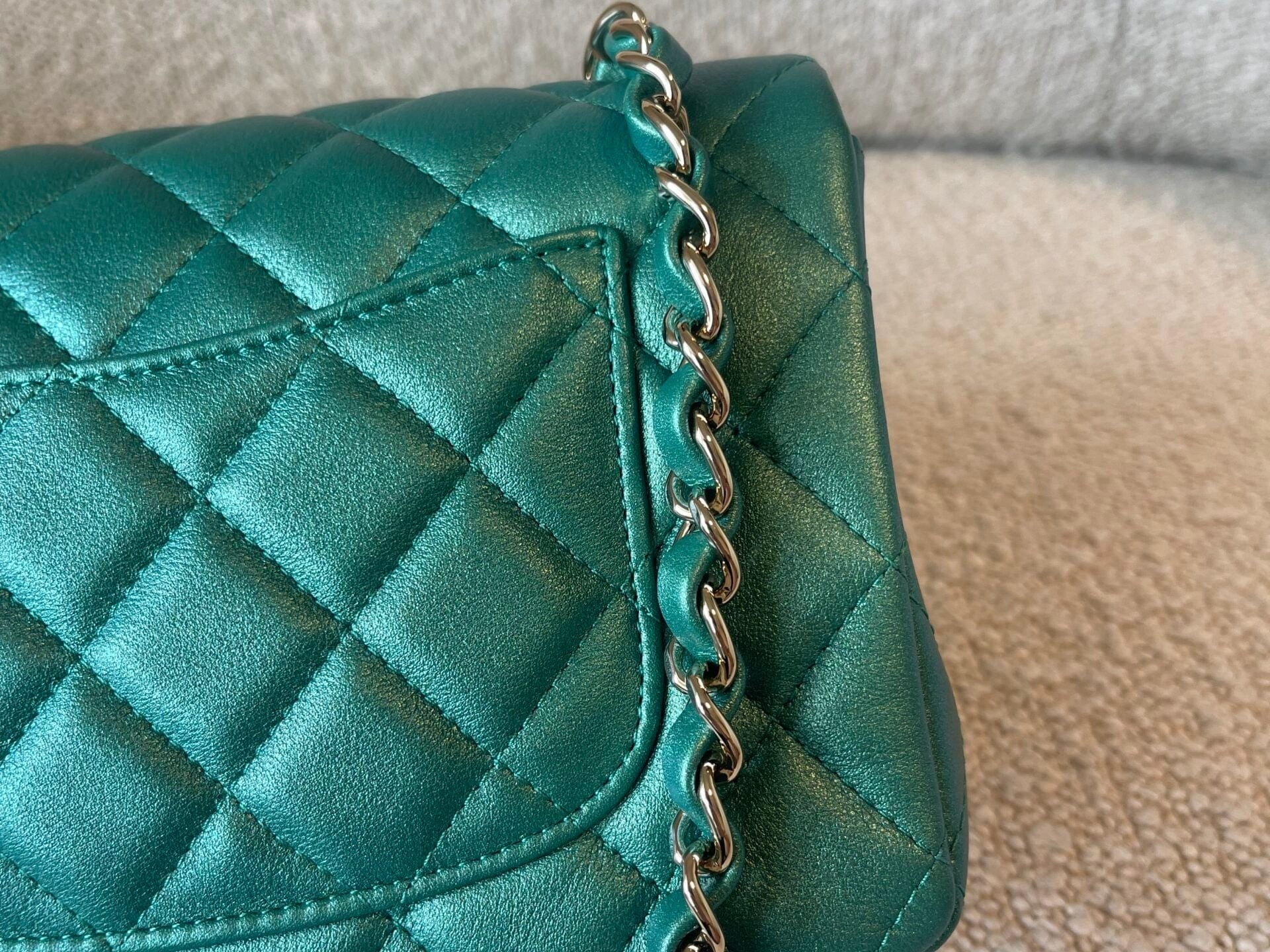 CHANEL Handbag 22A Mini Rectangular Iridescent Green Lambskin Quilted Single Flap LGHW - Redeluxe