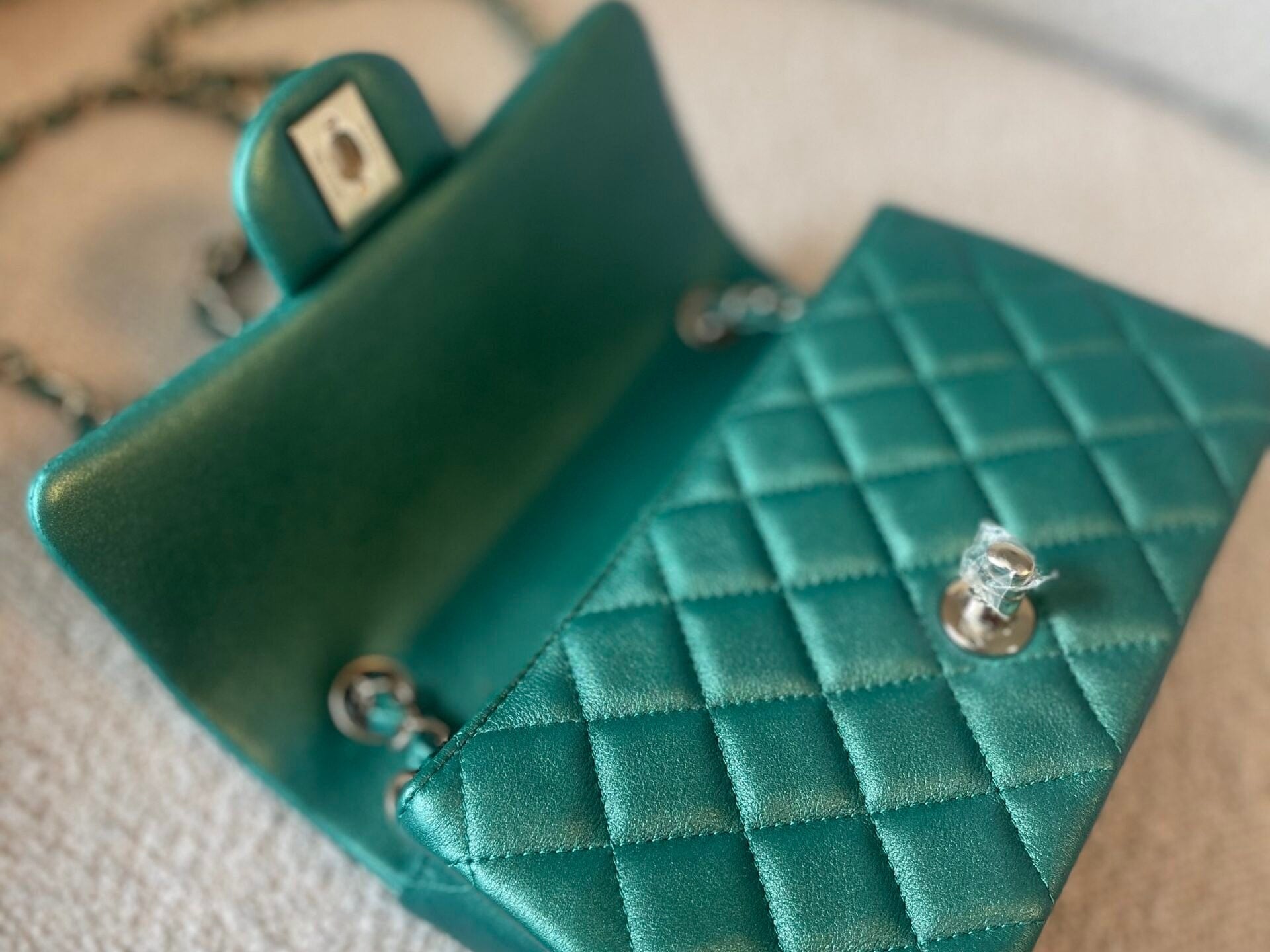 CHANEL Handbag 22A Mini Rectangular Iridescent Green Lambskin Quilted Single Flap LGHW - Redeluxe