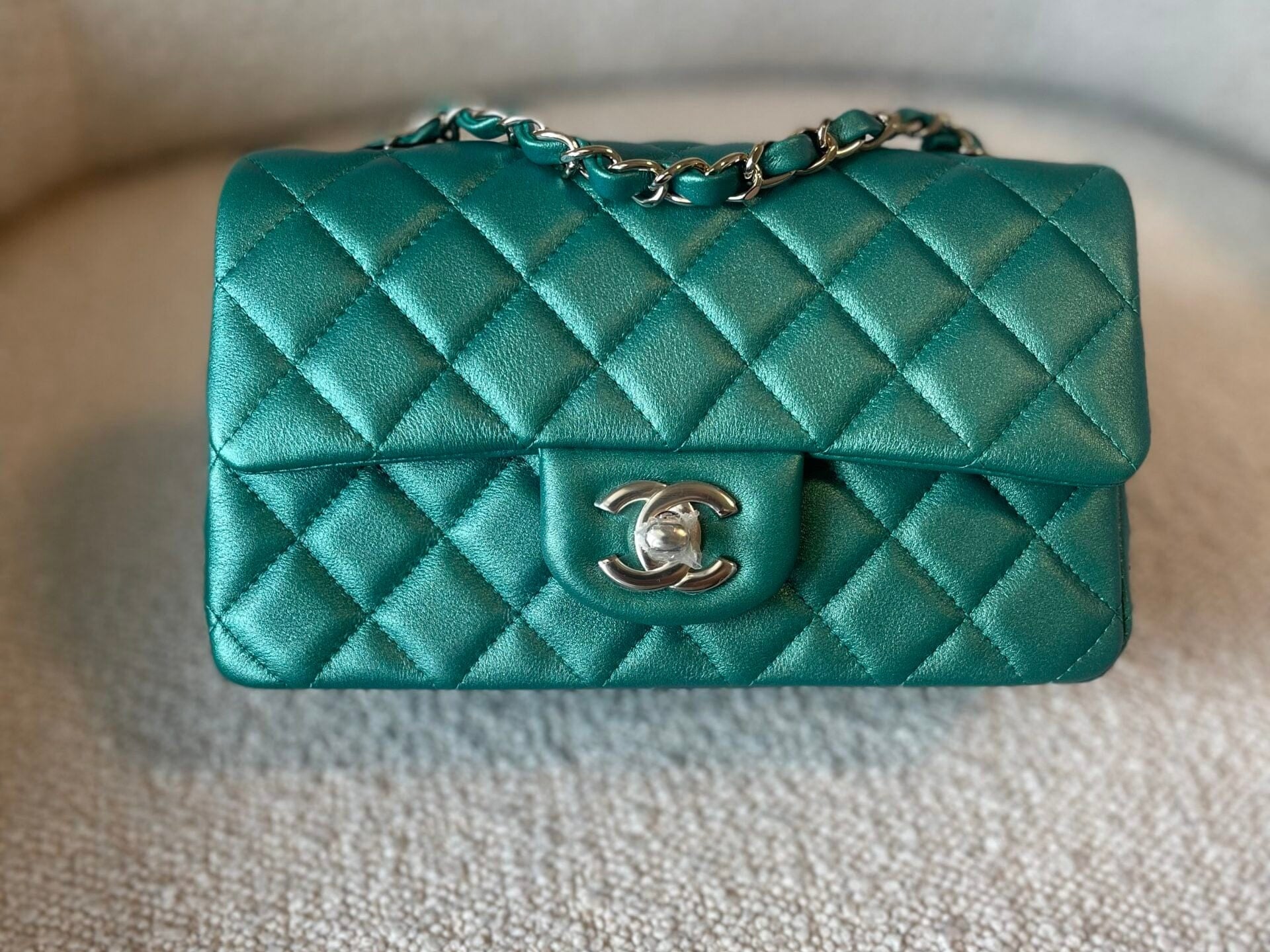 CHANEL Handbag 22A Mini Rectangular Iridescent Green Lambskin Quilted Single Flap LGHW - Redeluxe