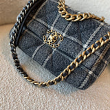 CHANEL Handbag 22A Navy Blue Ecru Tweed Quilted 19 Flap Small Mixed Hardware - Redeluxe