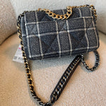 CHANEL Handbag 22A Navy Blue Ecru Tweed Quilted 19 Flap Small Mixed Hardware - Redeluxe