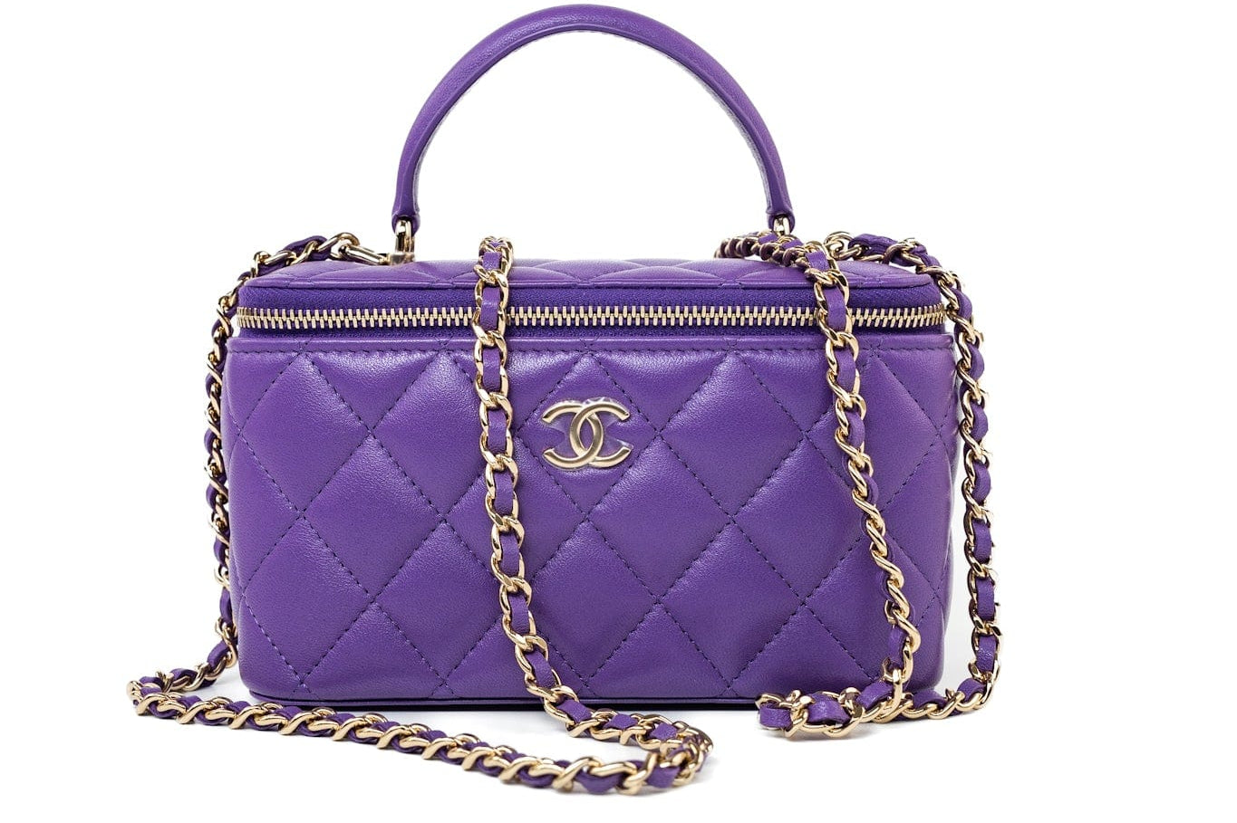 CHANEL Handbag 22A Purple Lambskin Quilted Vanity Case w/ Mirror Light Gold Hardware - Redeluxe