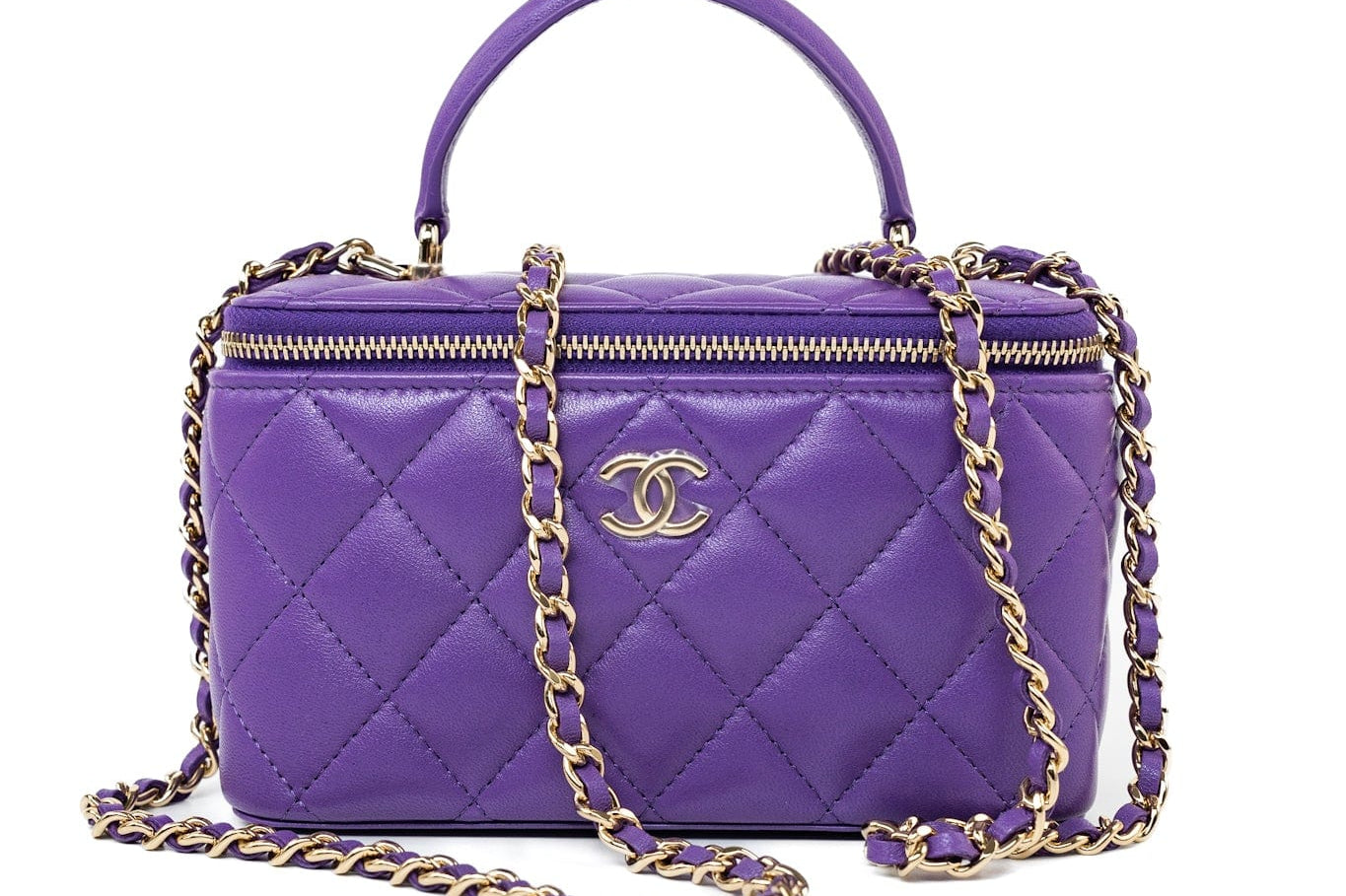 CHANEL Handbag 22A Purple Lambskin Quilted Vanity Case w/ Mirror Light Gold Hardware - Redeluxe