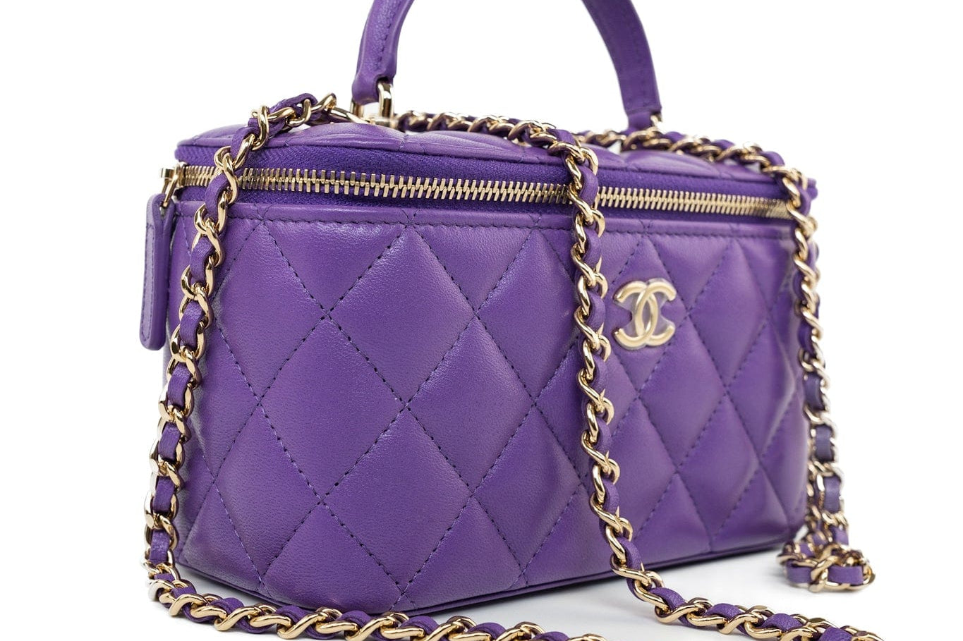 CHANEL Handbag 22A Purple Lambskin Quilted Vanity Case w/ Mirror Light Gold Hardware - Redeluxe