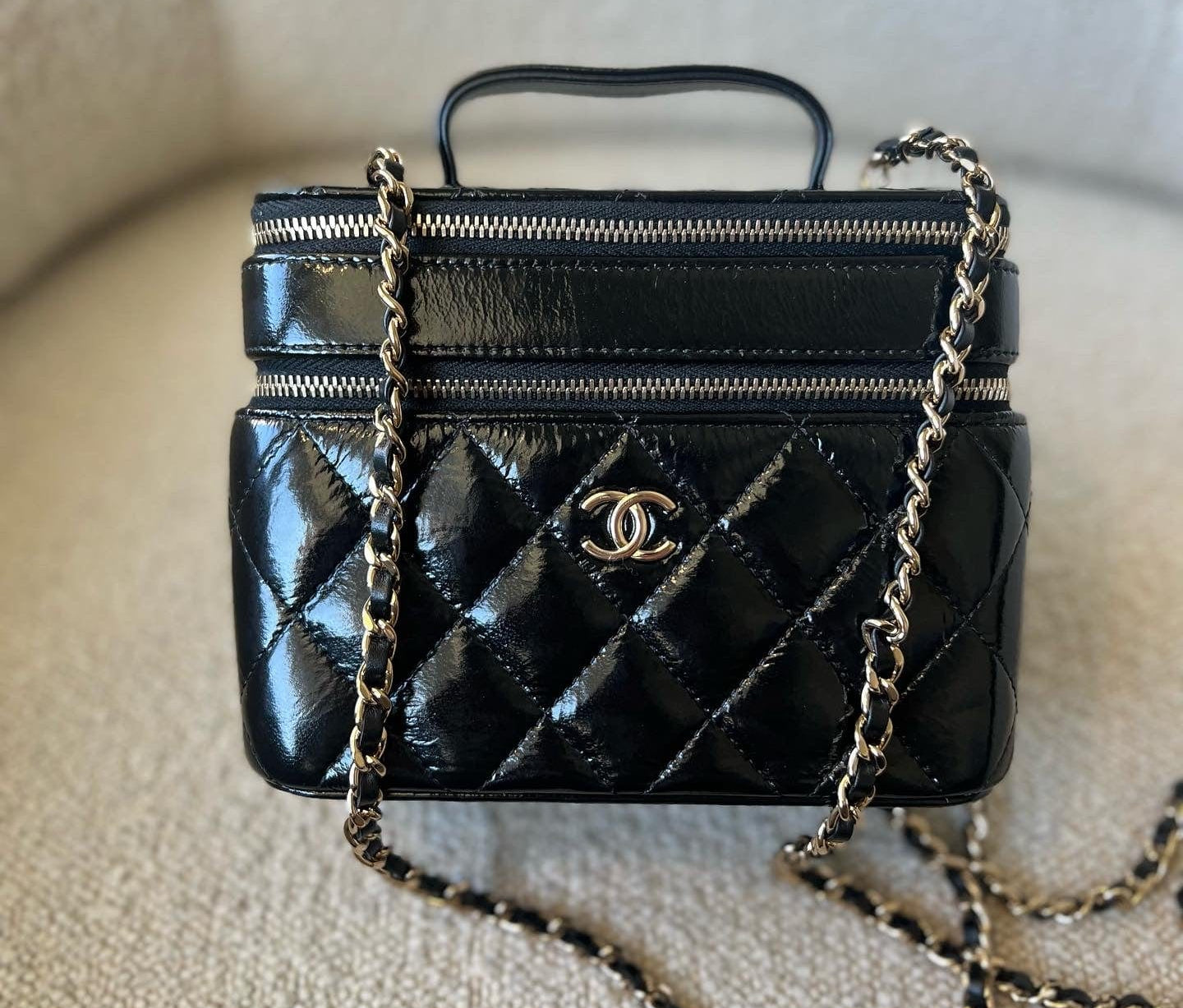 CHANEL Handbag 22B Black Shiny Lambskin Vanity with Chain LGHW - Redeluxe